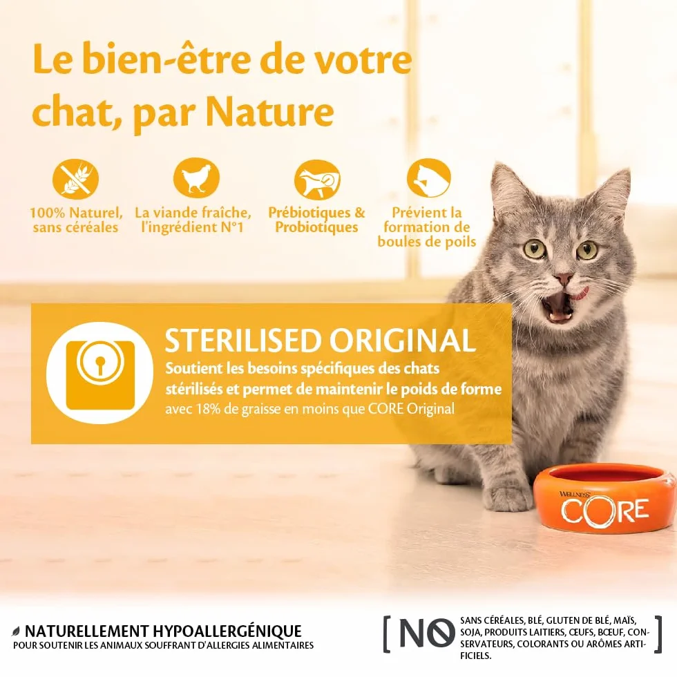 Wellness CORE Original Stérilisé Croquettes pour Chats Stérilisés sans Céréales 4 kg Poulet Dinde
