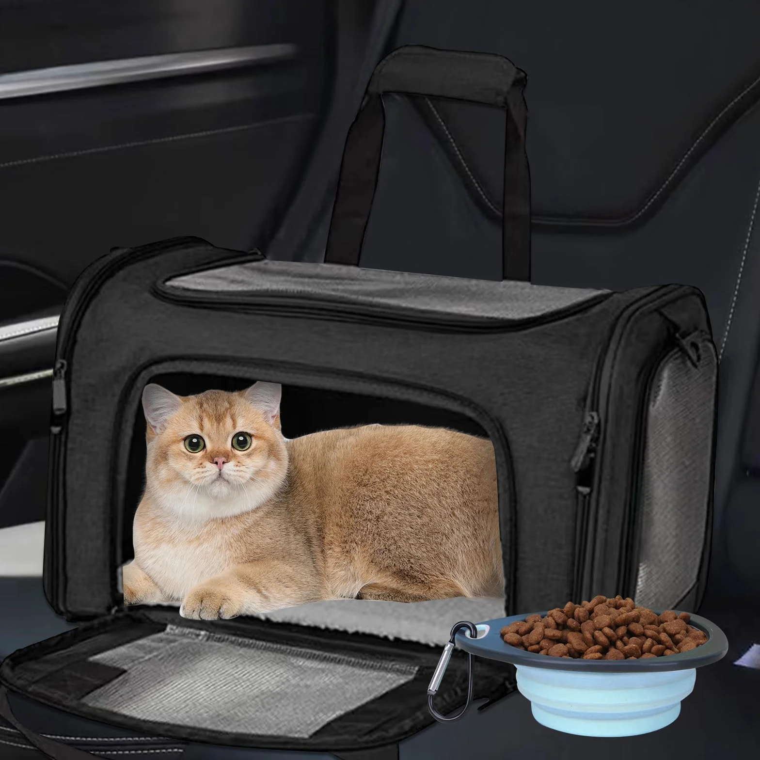 Sac de Transport Pliable pour Chat et Petit Chien, Caisse avec Gamelle, 43 x 28 x 28 cm