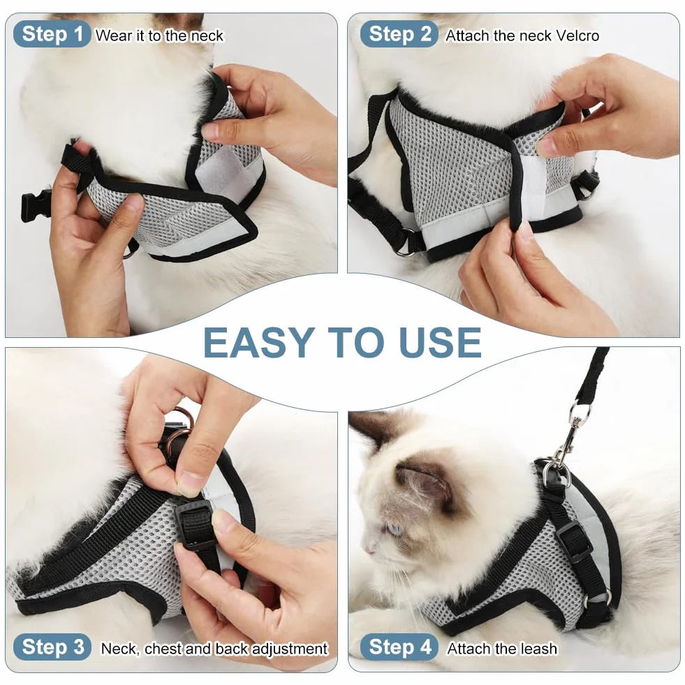 Harnais pour Chat Respirant Souple Réglable Anti Évasion avec Laisse 1.5m AUYAO