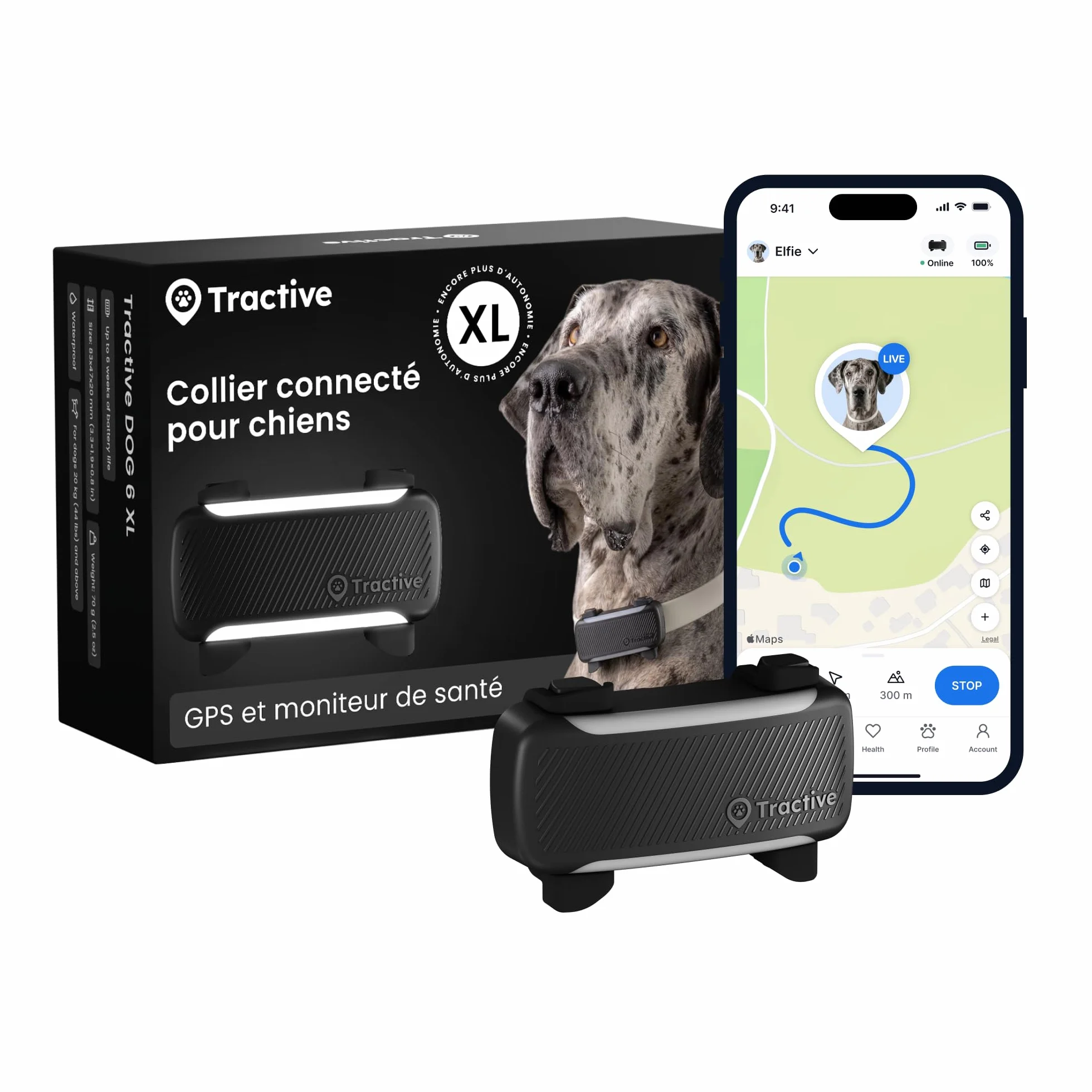 Tractive Collier GPS Chien Connecté XL Édition 2026 Suivi GPS en Direct Alertes Anti-Fugue Santé Moniteur Signes Vitaux Grande Autonomie Noir