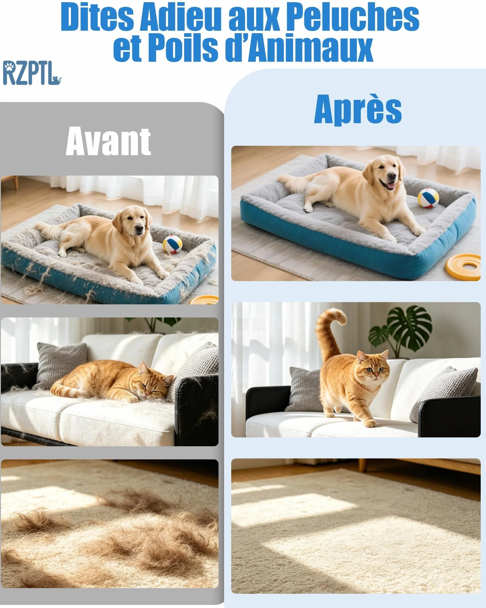Lot de 2 Gant Anti Poils Animaux, Gant Électrostatique à Paume Antistatique pour Chats & Chiens, Réutilisable, Bleu