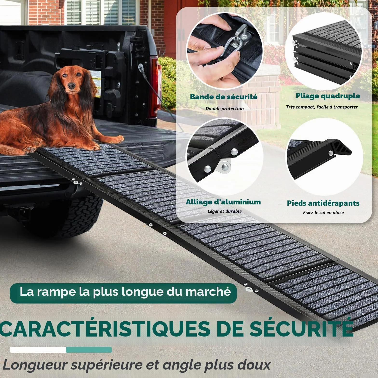 Rampe pour chien de 180 cm de long et 50 cm de large, pliable, avec tapis antidérapant, pliable pour l'extérieur, escalier, voiture, pour chiens de taille moyenne et grande dans un SUV et un camion