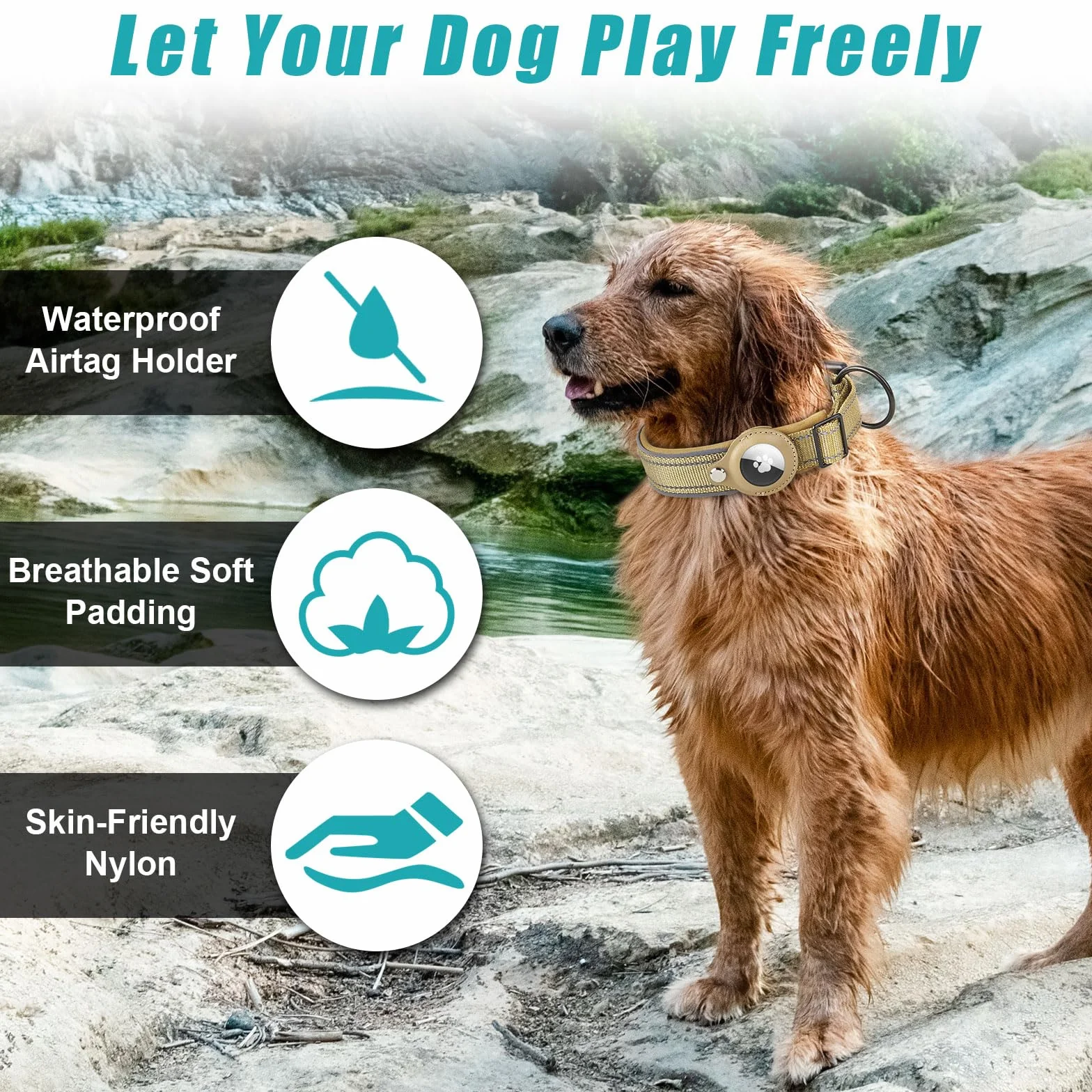 Collier Chien Réfléchissant Réglable en Nylon pour Apple AirTag avec Étui, Kaki S