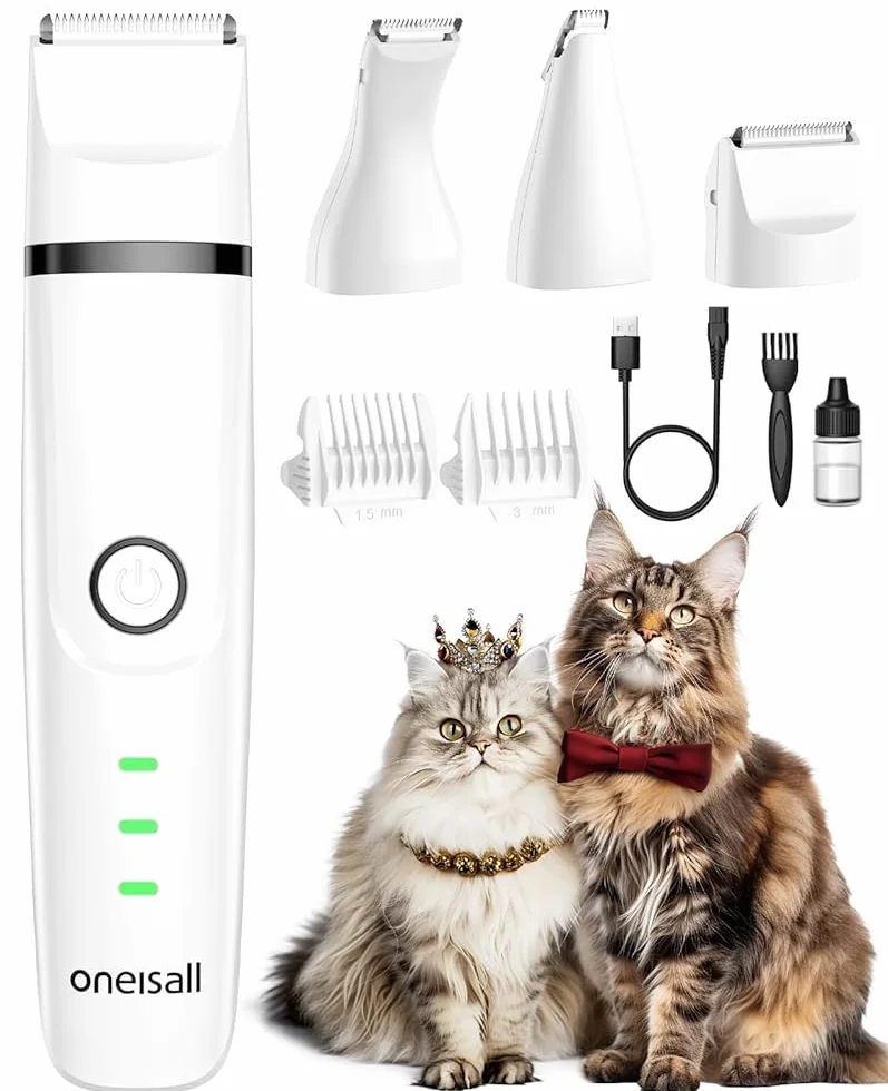 oneisall 3 en 1 Tondeuse Chat Chien Set, Tondeuse Professionnel Silencieux pour Chats, Rasoir pour Chats Chiens à Poils de Pattes