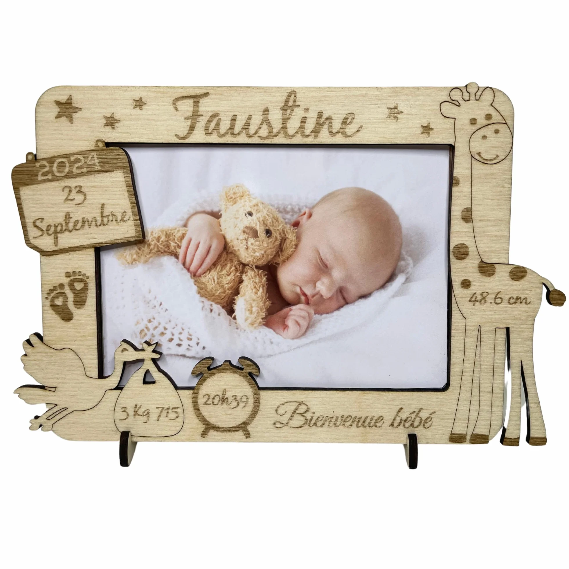 Cadre Photo Naissance Bois Personnalisable Girafe - Souvenir Bébé - Idée Cadeau Naissance Personnalisé - Décoration Chambre Bébé