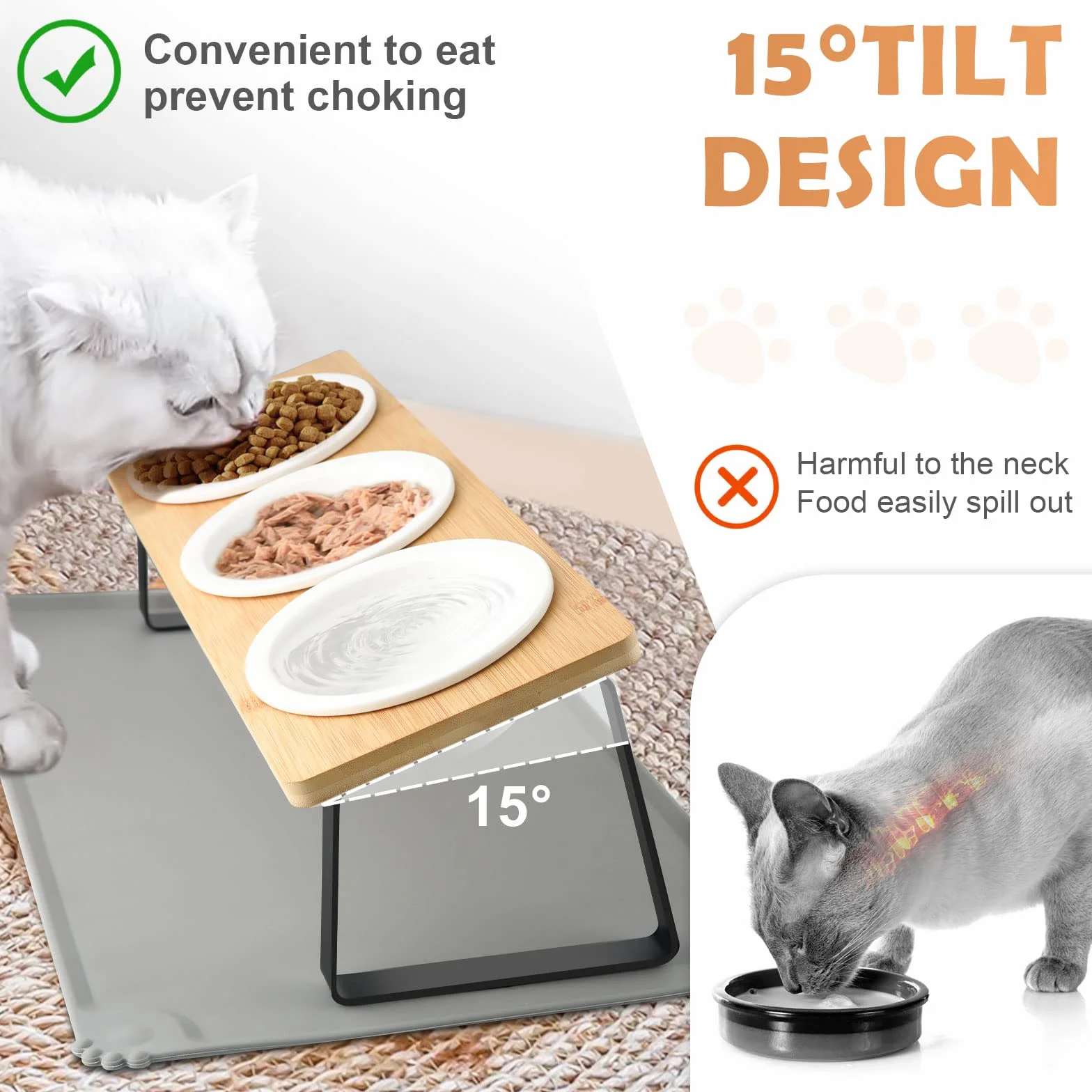 Gamelle Surélevée pour Chat et Petits Chiens, 3 Bols Céramique avec Support Incliné 15° et Tapis