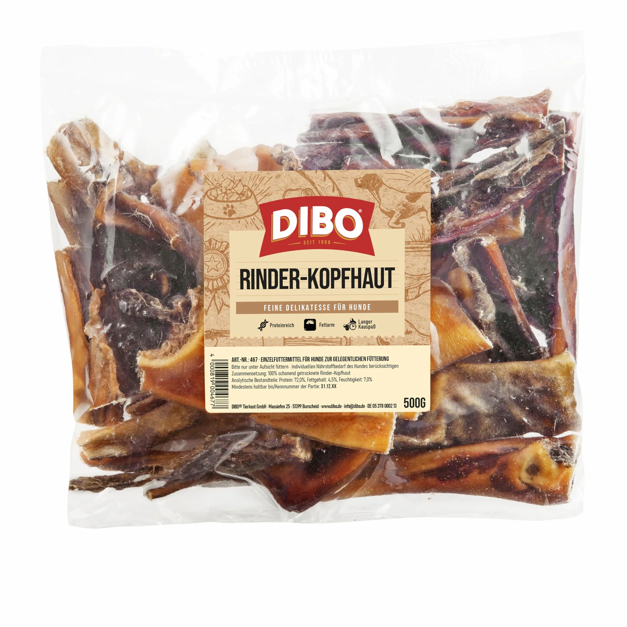 DIBO Peau de tête de bœuf, friandises naturelles à mâcher pour chien, sachet de 500 g