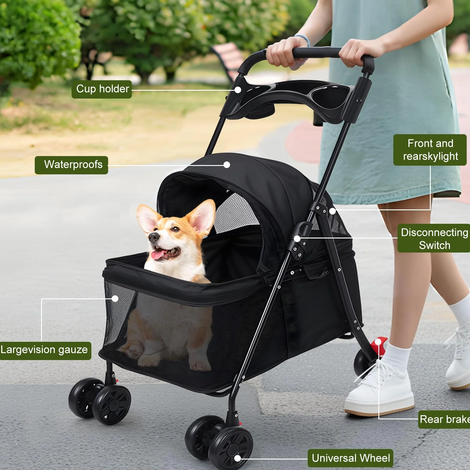 Poussette pour chats et chiens pliable 4 roues avec porte-gobelet fenêtre maille bleu
