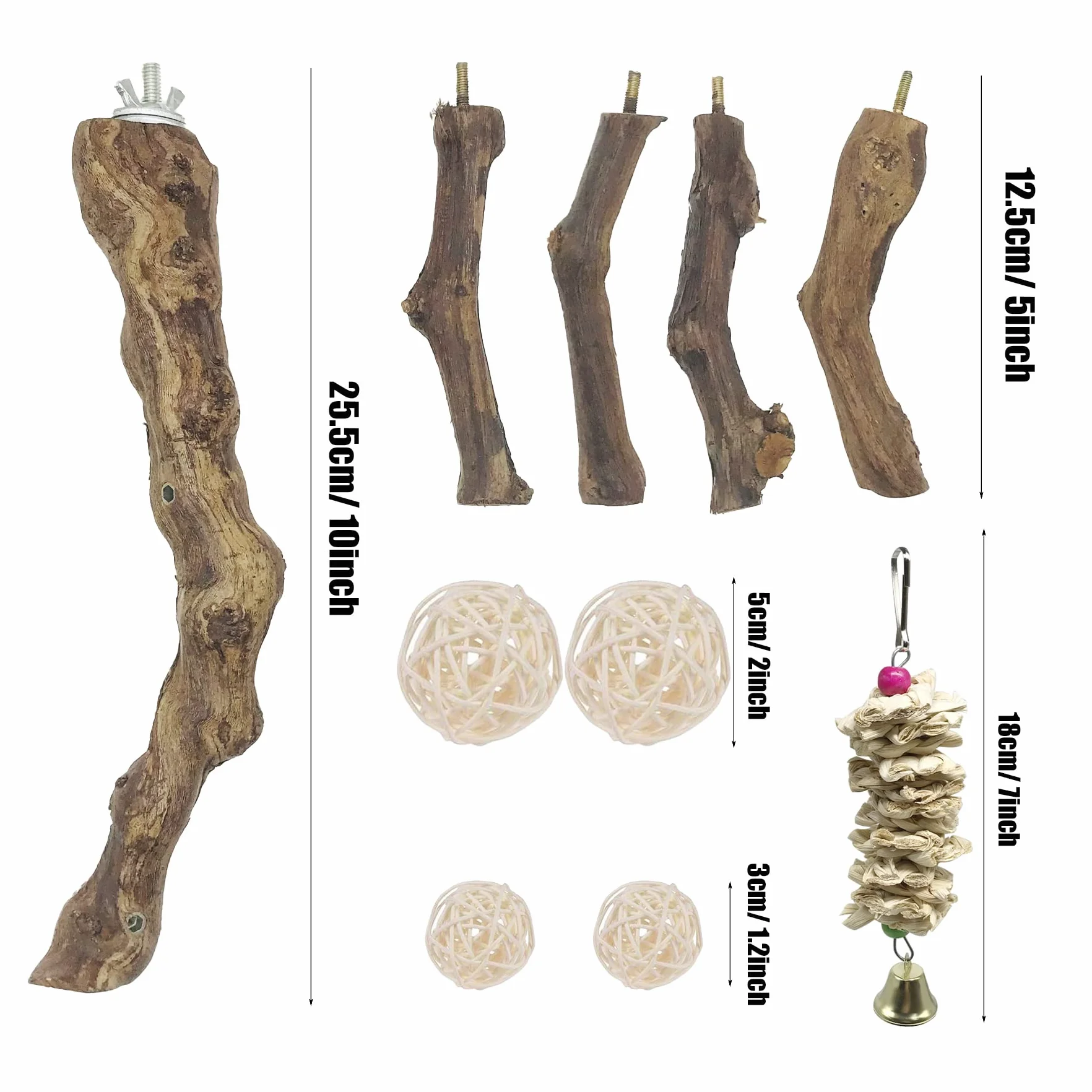 Perchoirs à Oiseaux Naturels avec Jouets à Mâcher en Vigne Naturelle pour Perroquets Lot de 6