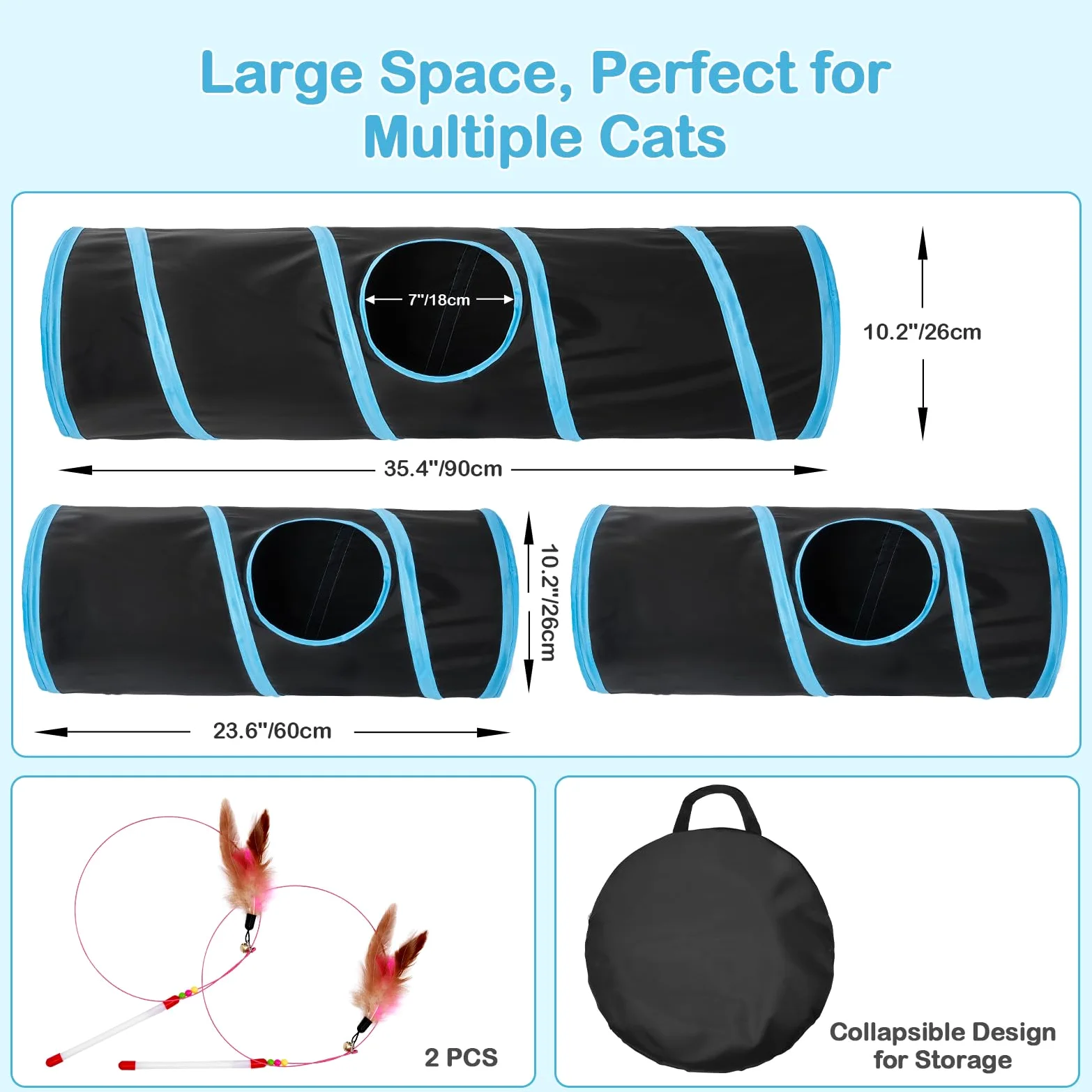 Tunnel pour chat - 3 tunnels droits pour animaux de compagnie - 6 formes à faire soi-même avec baguette - Résistant aux rayures - Tubes pliables pour chiots d'intérieur - Chaton - Lapin - Noir - 208,3