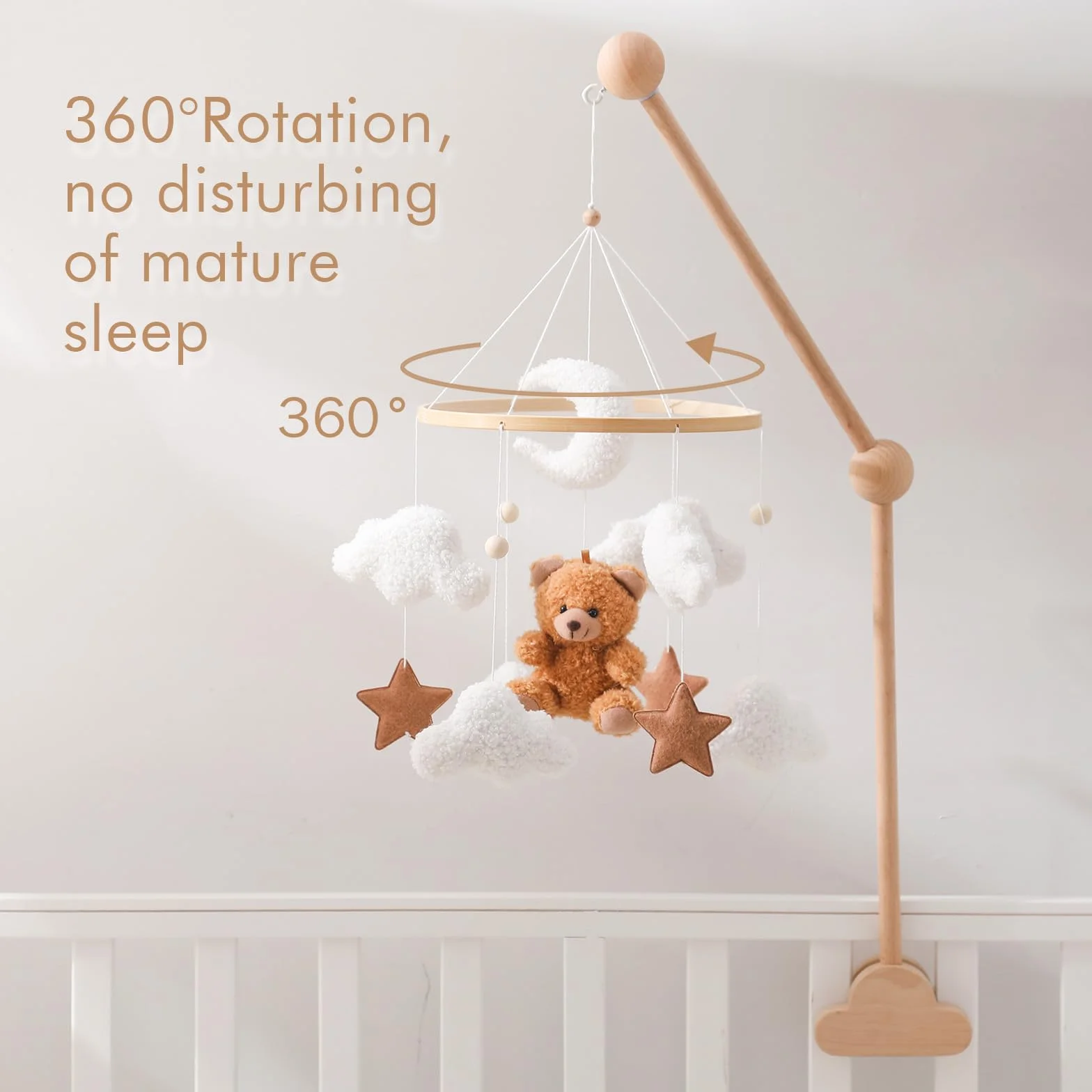 Mobile Bébé Lit Support Bois Table à langer Boîte à musique Nuages Blancs Lune Ours Brun Pendentif