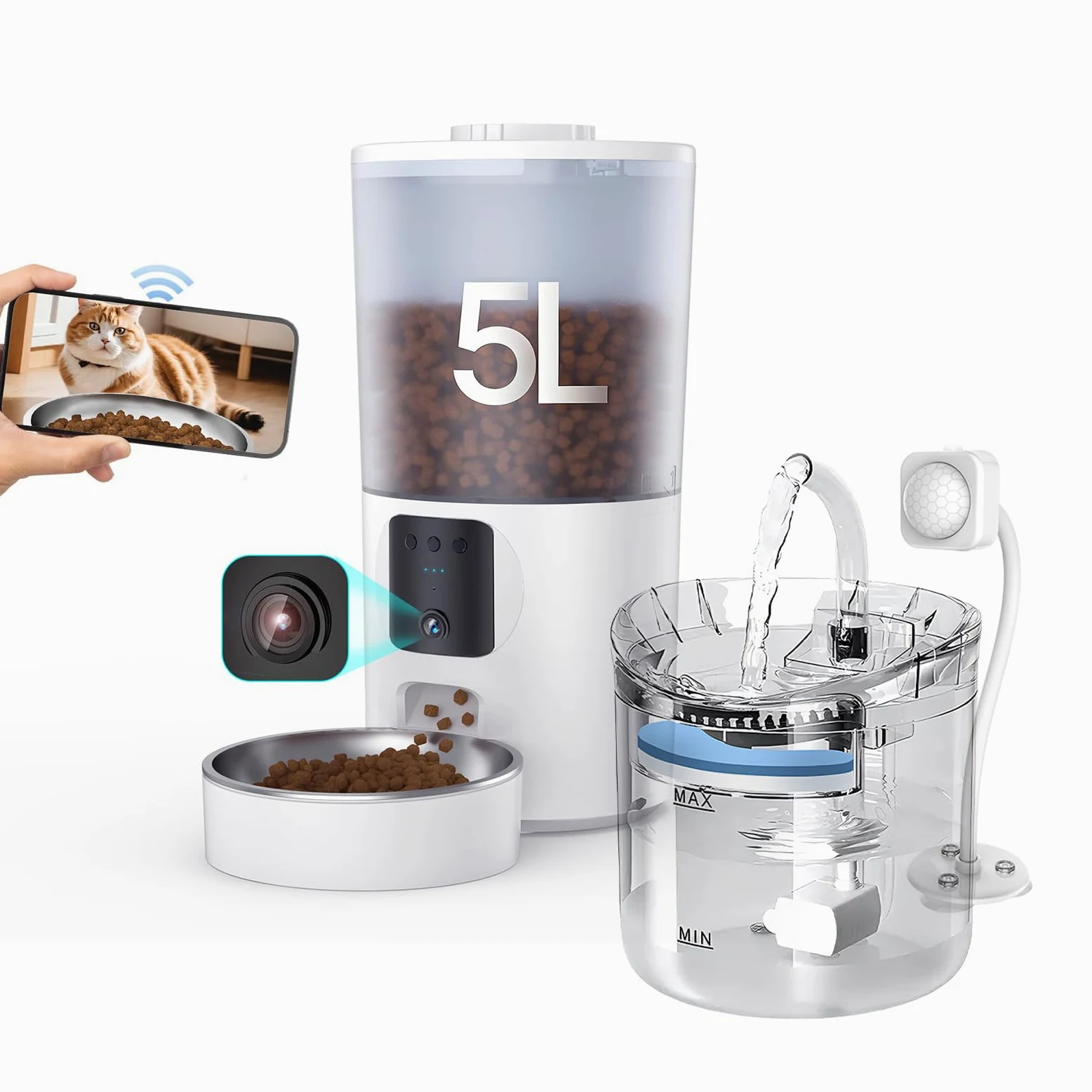 Distributeur Automatique + Fontaine a Eau pour Chat, Détection de Mouvement, Silencieuse