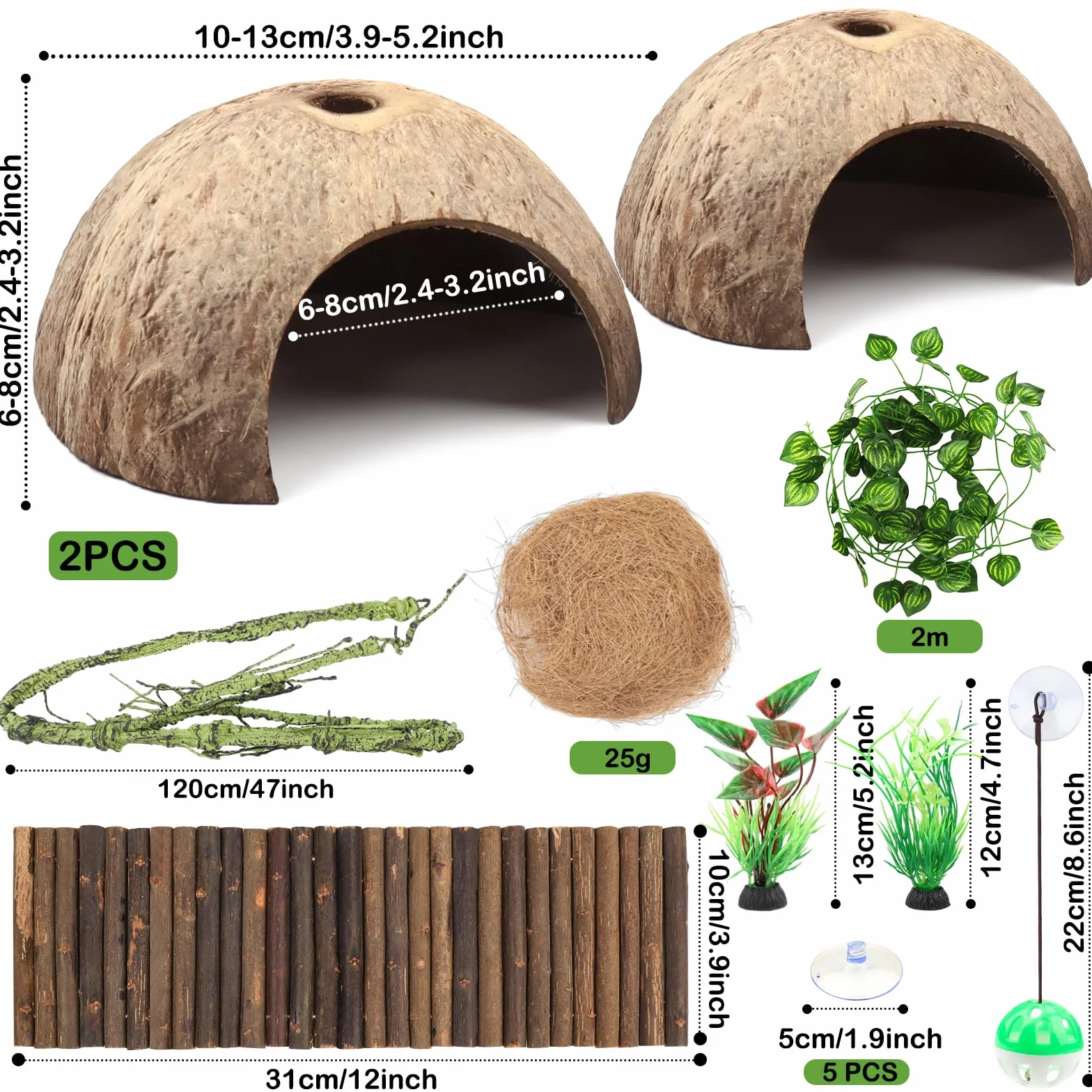 QUOZUO Accessoires de réservoir de gecko à crête, plantes grimpantes pour reptiles avec coquilles de noix de coco, pont, cachette