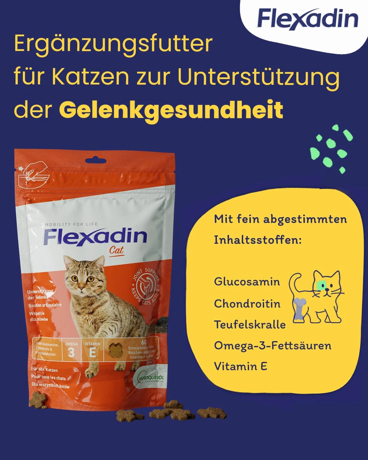 Flexadin Cat 60 friandises articulaires glucosamine chondroïtine oméga-3 griffe du diable