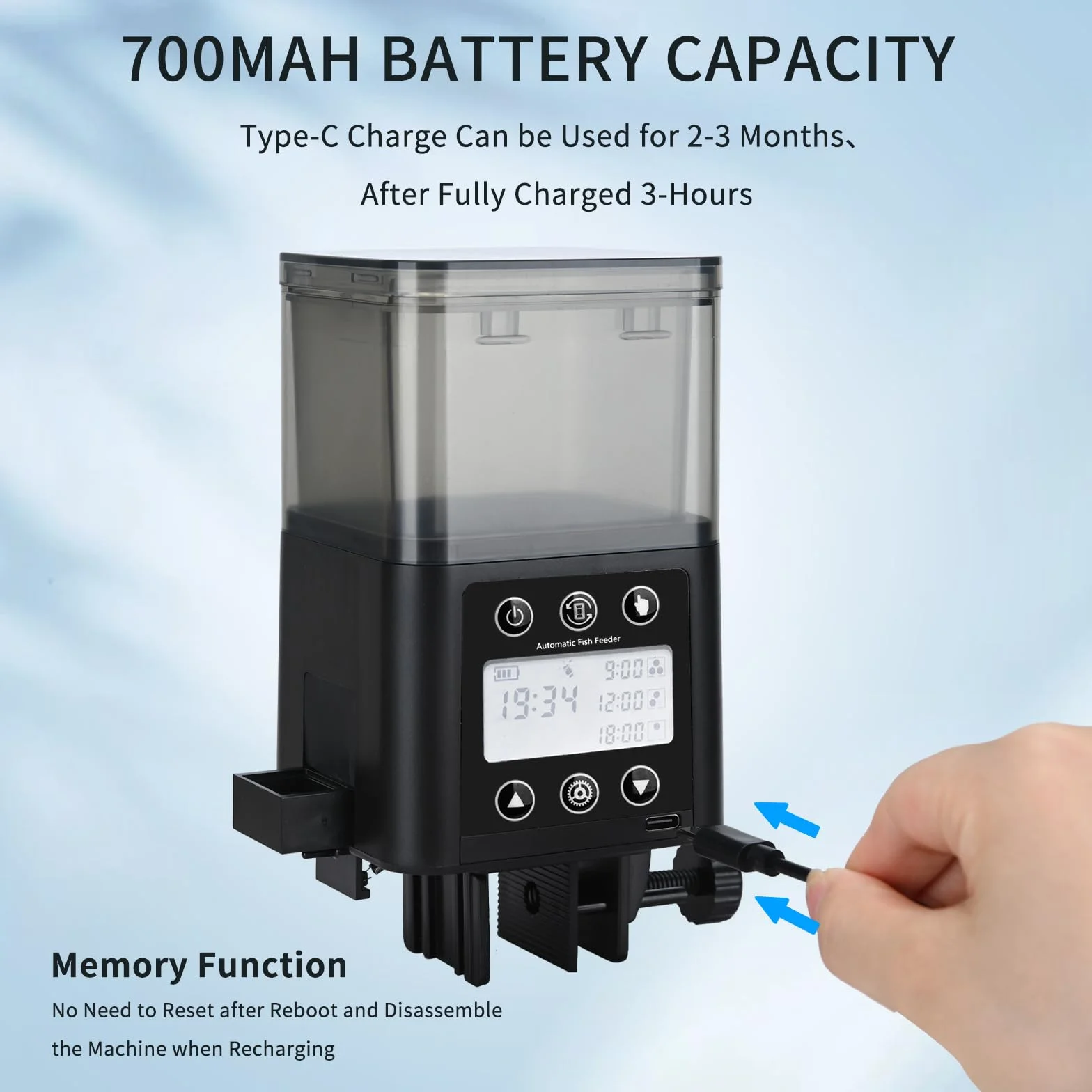 Mangeoire Automatique pour Poissons Minuteur Rechargeable avec écran LCD 320ml Anti-humidité