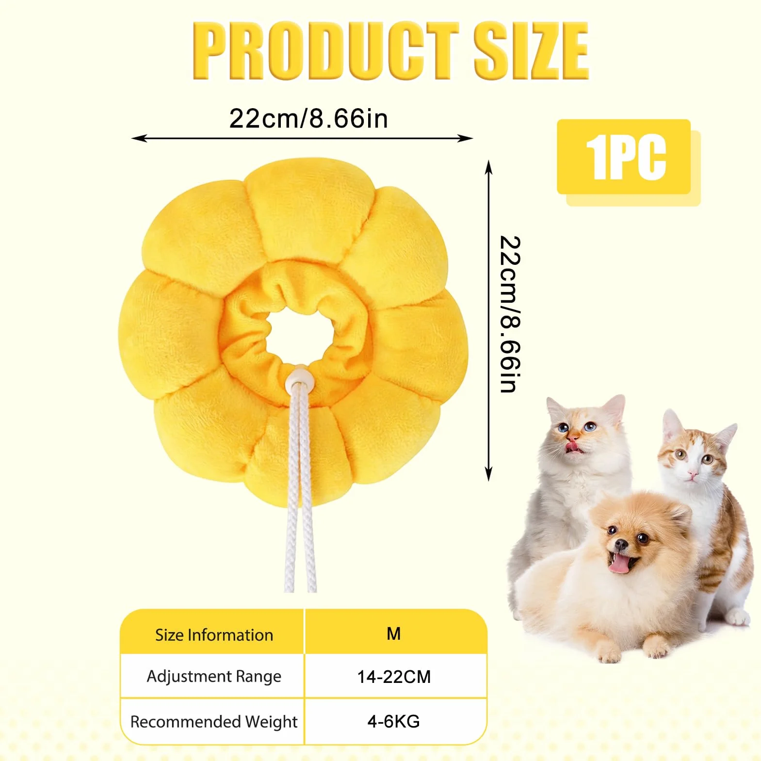 Colerette Chat Anti Lechage, Adjustable Fleurie, Confortable Souple pour Post-Opératoire, Hygiène et Anti-Parasites Extérieurs - Jaune, M
