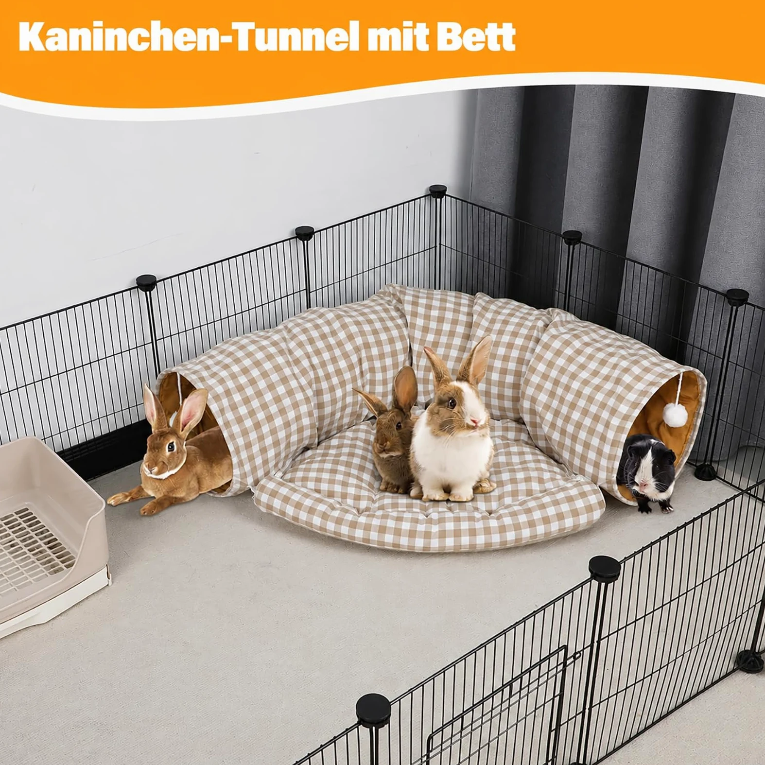 Lit tunnel pour lapin 2 en 1 – Tunnel pliable avec tapis amovible, tunnel douillet lavable pour lapins, cochons d'Inde et chats, espace de jeu et de couchage confortable pour petits animaux