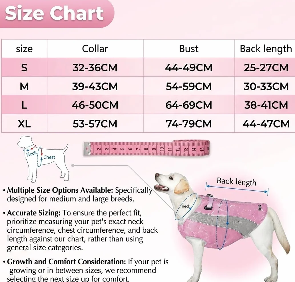 Gilet Rafraîchissant pour Chien Veste Rafraichissante avec Fermetures éclair Écran d'évaporation Respirant Extérieur Soleil Rose L