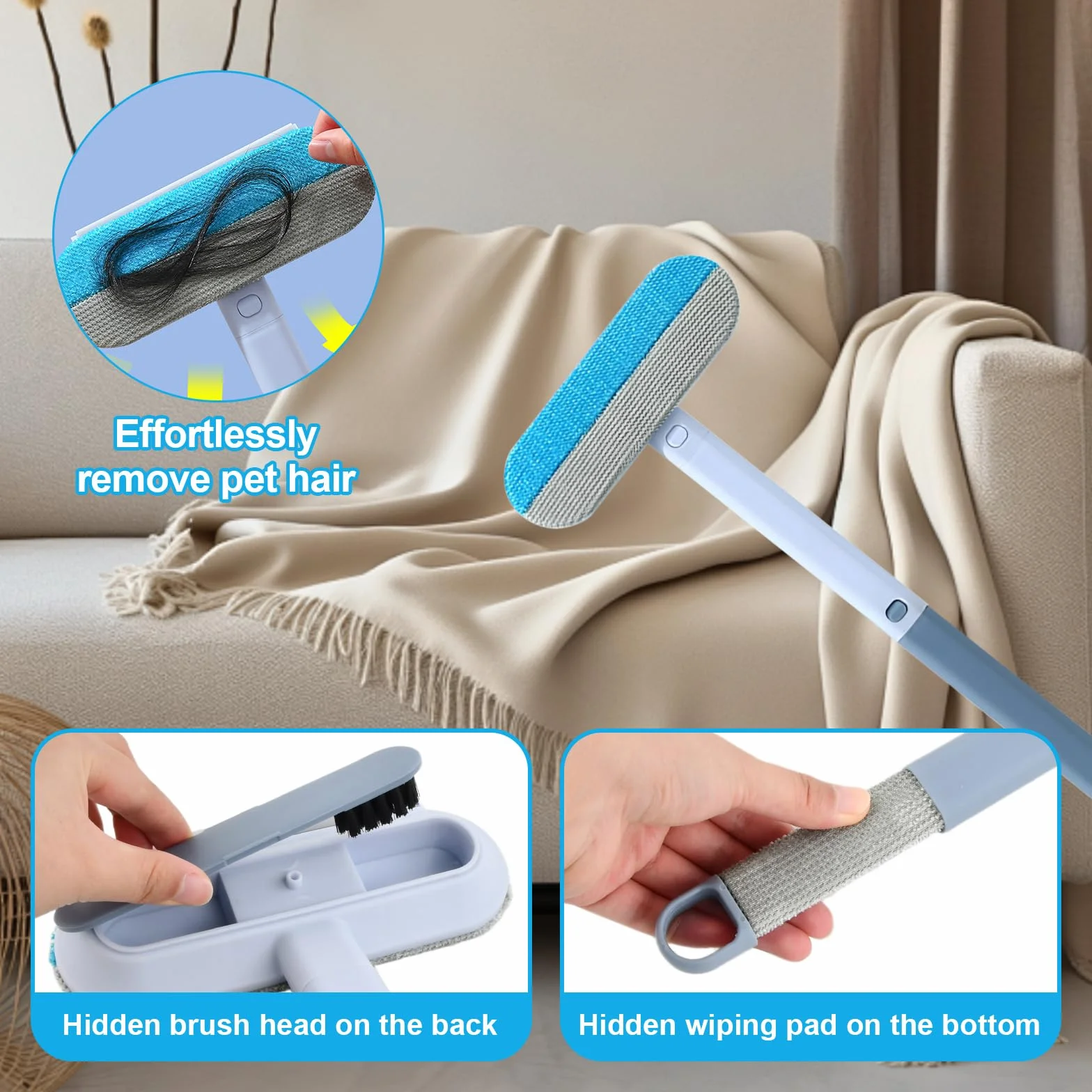 Brosses Anti Poils Animaux 4 en 1, Brosse Réutilisable Long Manche pour Chien Chat, Outil Nettoyage Canapé Tapis