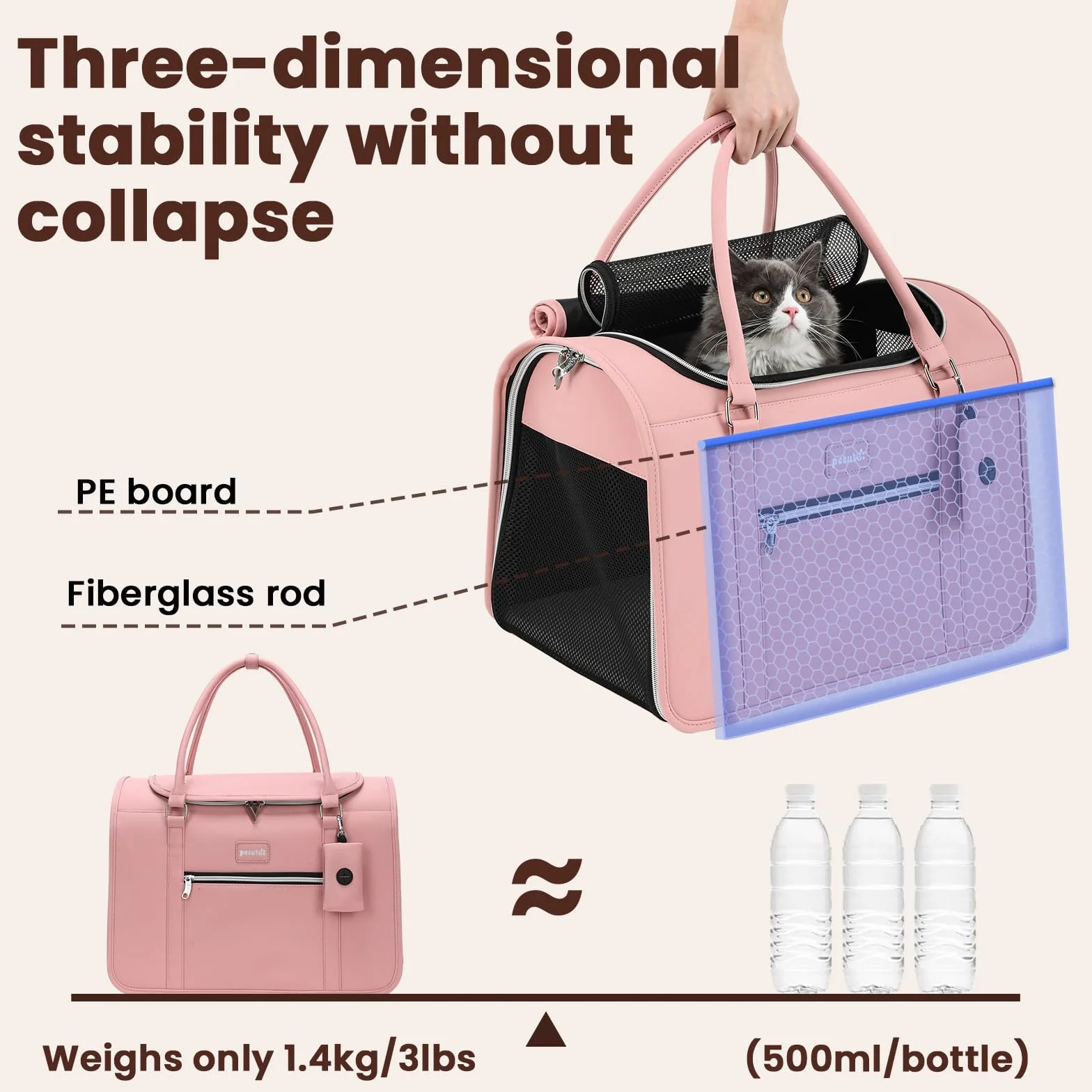 Pecute Sac de Transport pour Chat 42x28x30 cm, Approuvé pour Avion, Rose