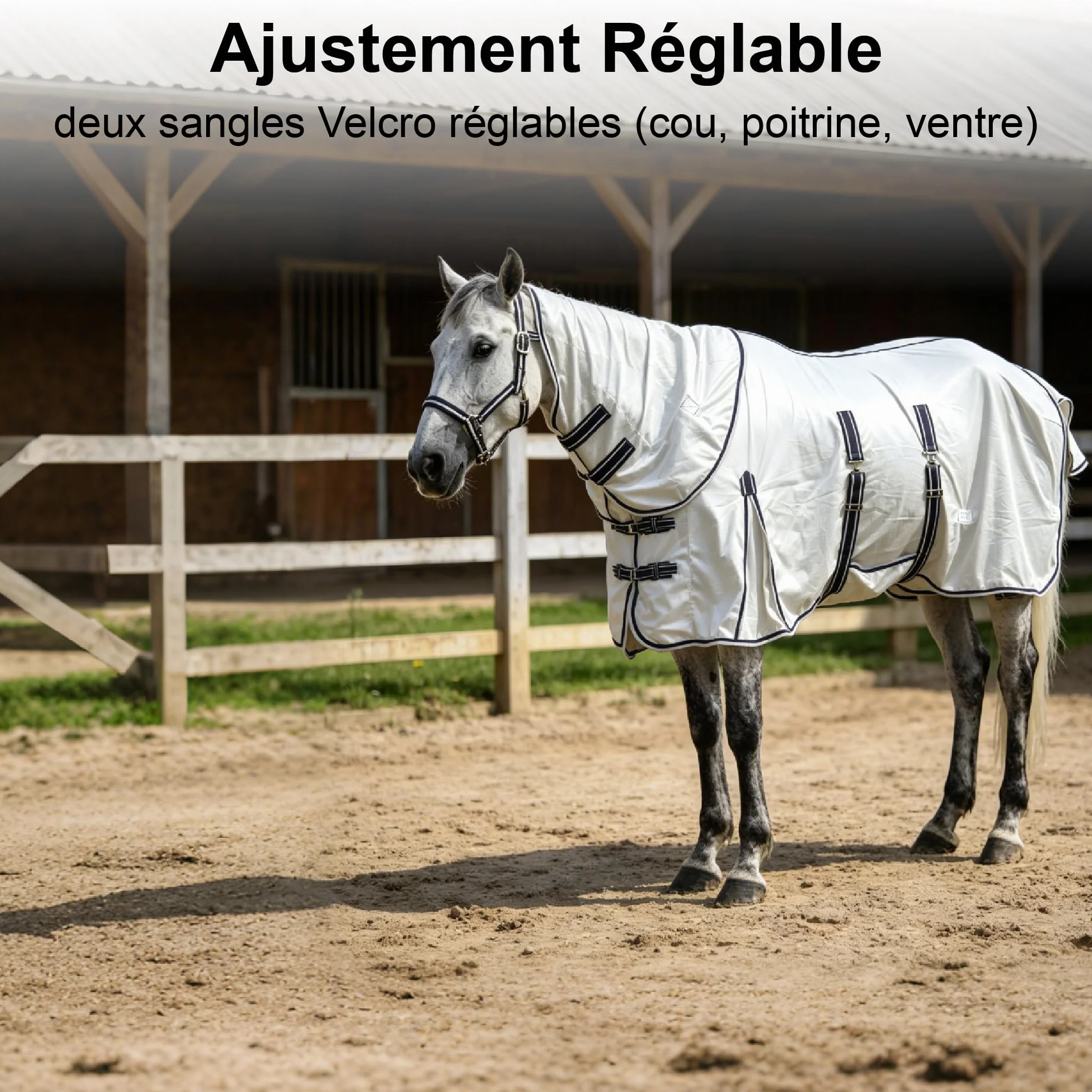 Couverture Anti-Mouches Gris Clair 155 cm avec Couvre-Cou Amovible, Bande Ventrale, Maille Respirante, Protection Anti-UV