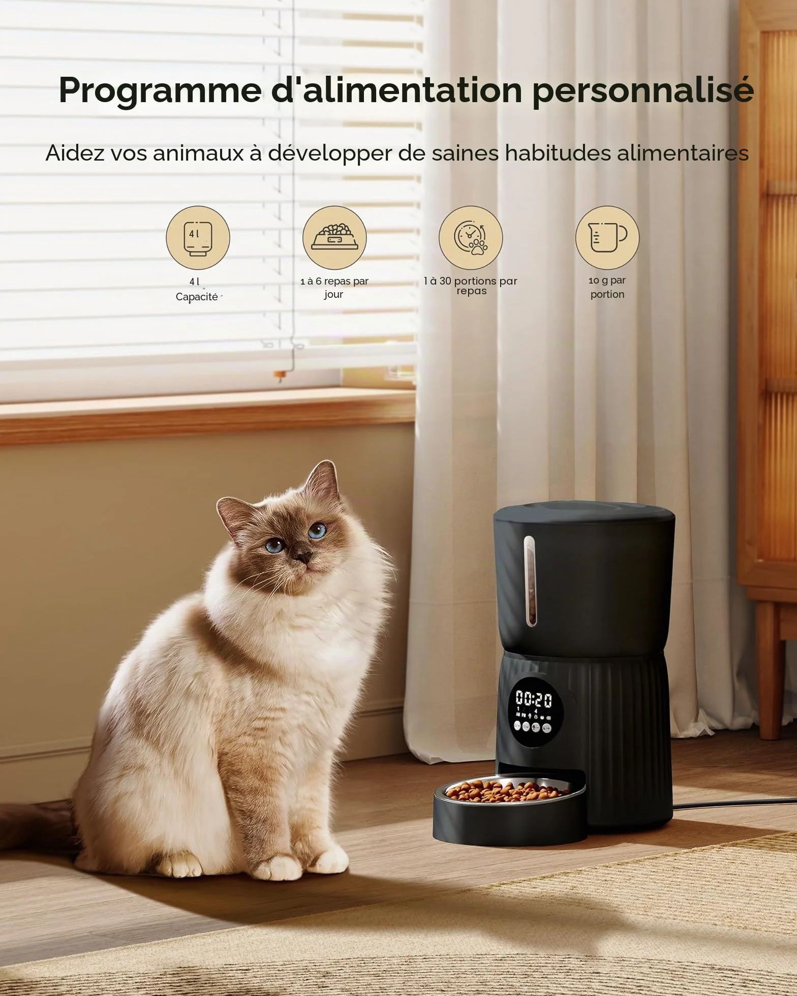 Faroro Distributeur Croquettes Chat Automatique 4L avec Contrôle des Portions, Enregistrement Vocal 10s, Alimentation Lente Noir
