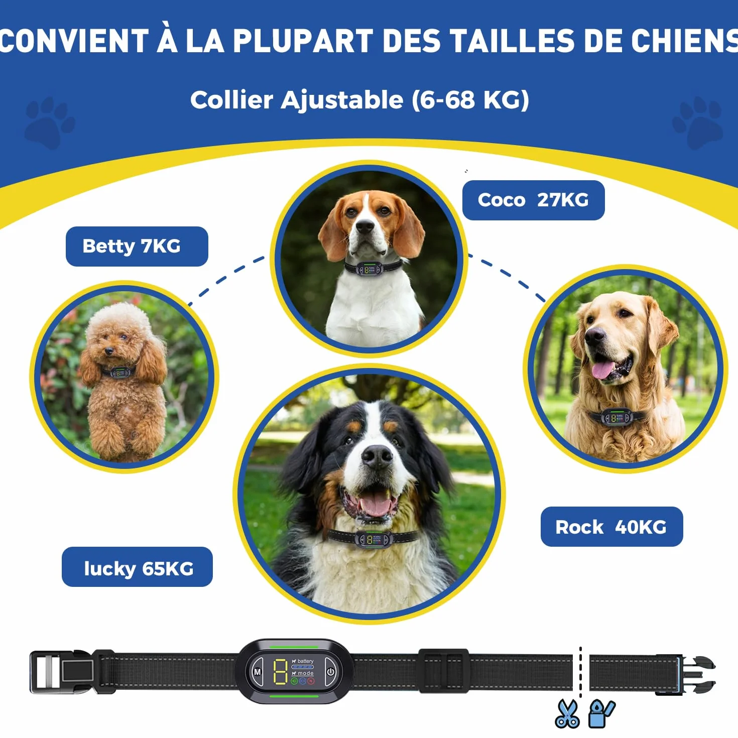 Collier Anti Aboiement Chien Rechargeable IP67 4 Modes Son Vibration Choc Electrique Réglable 5 Niveaux Sensibilité Noir