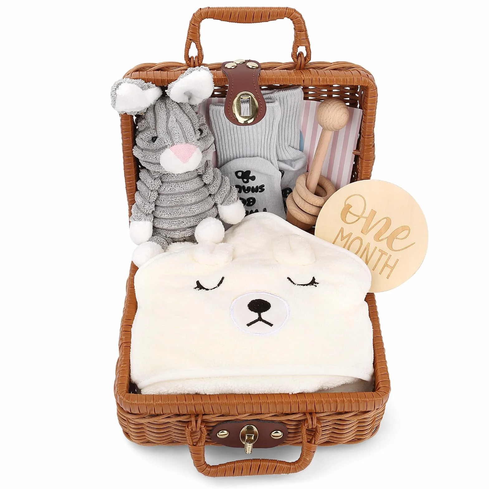 Set Cadeau de Naissance Personnalisé Bébé Garçon Fille avec Couverture Jouets Bois Peluche