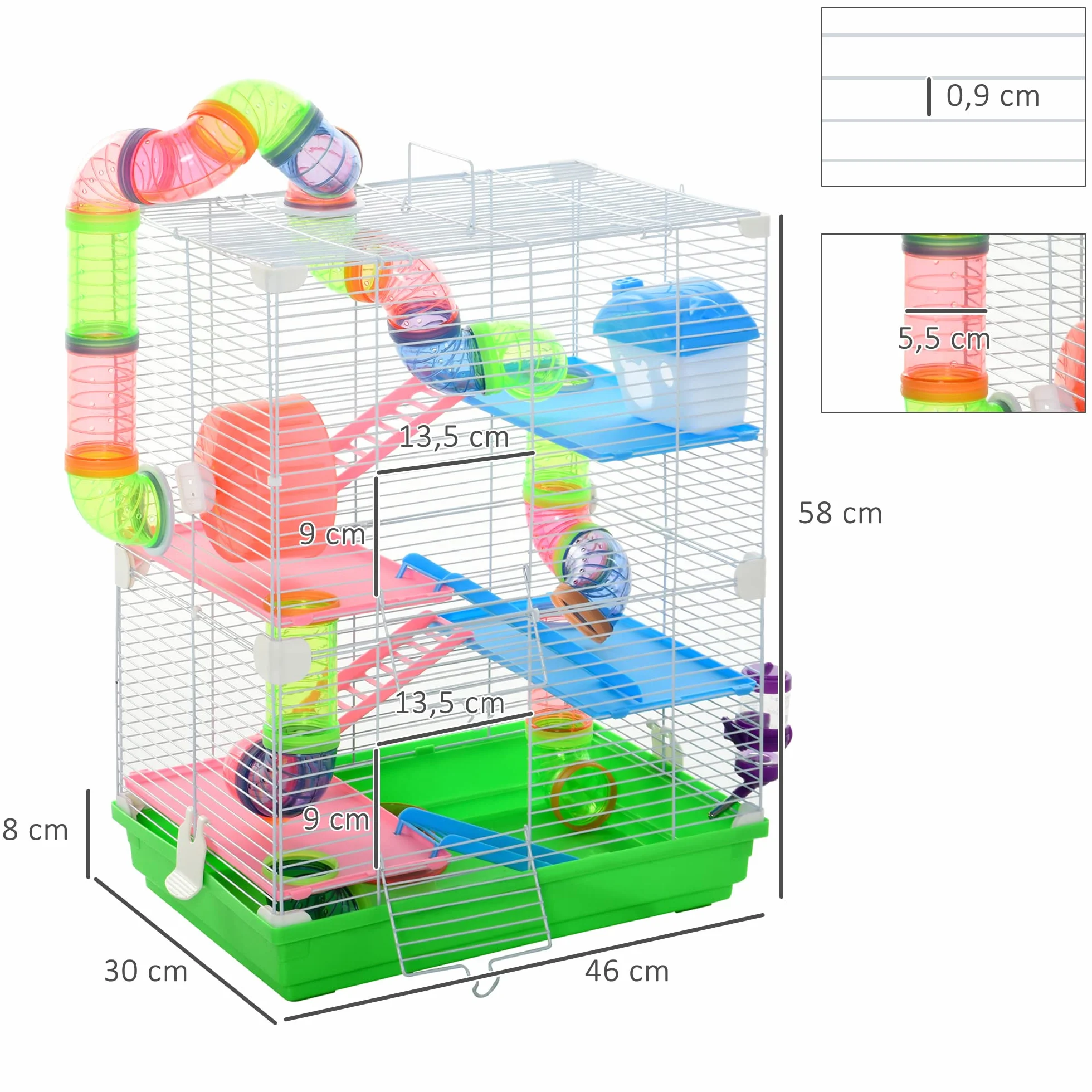 PawHut Cage pour Hamster Rongeur 4 étages avec Tunnels Mangeoire Roue Maison 46L x 30l x 58H cm Vert