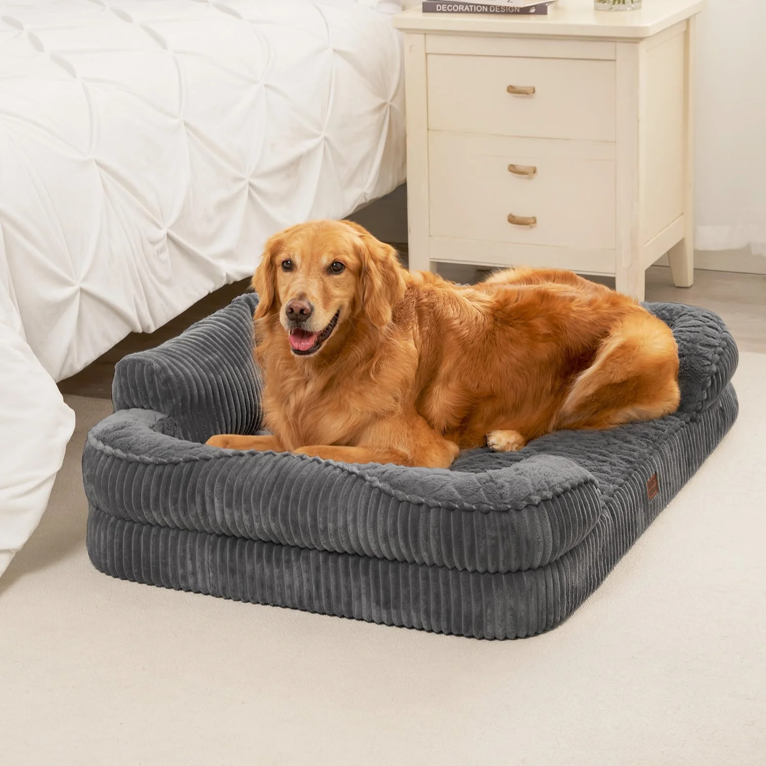EHEYCIGA Panier Chien Orthopédique XXL 107x76cm Mémoire de Forme Déhoussable Lavable Gris