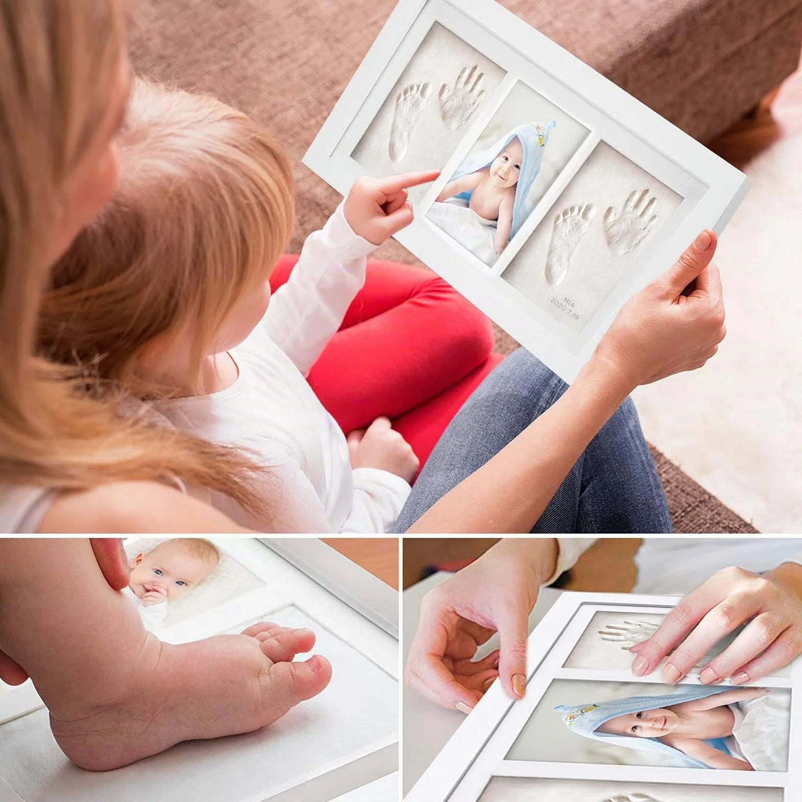Cadre Photo pour Bébé avec Kit Empreintes Mains et Pieds, Argile et Sceau