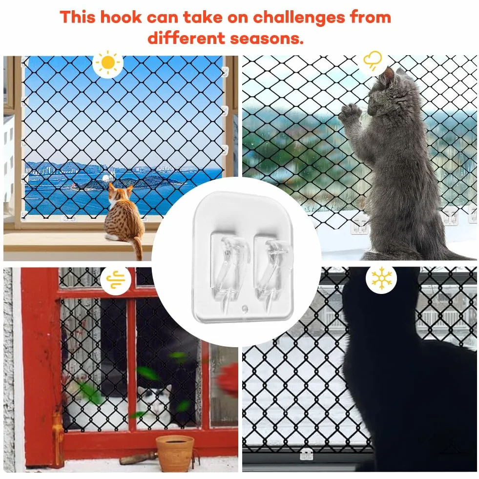 Lot de 50 crochets adhésifs pour filet de chat - Résistant aux intempéries et UV - Transparent