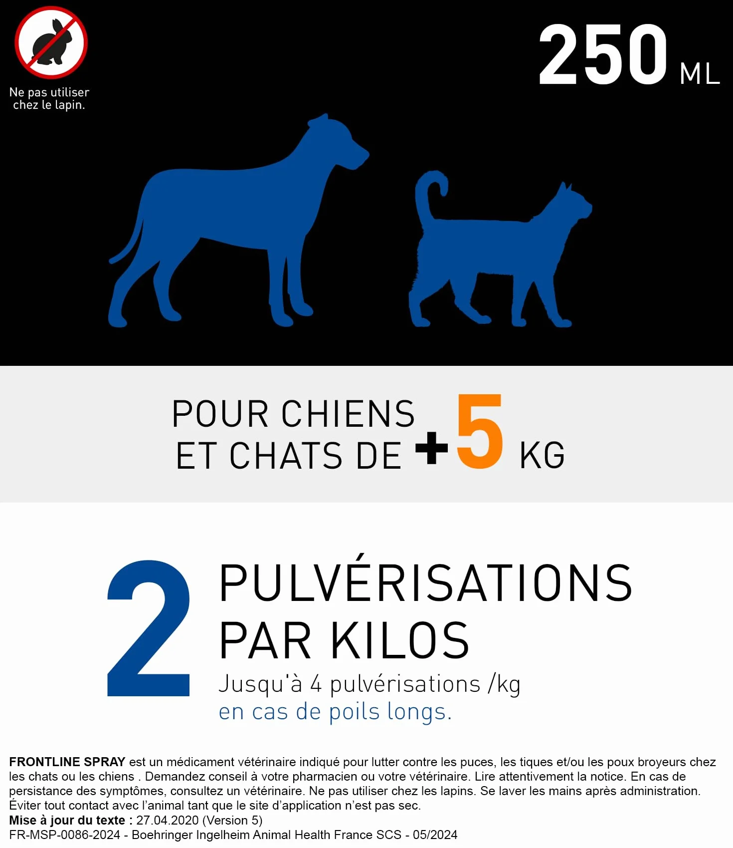 FRONTLINE Spray pompe 250 ml Antiparasitaire Chien Chat Anti-puces Anti-Tiques