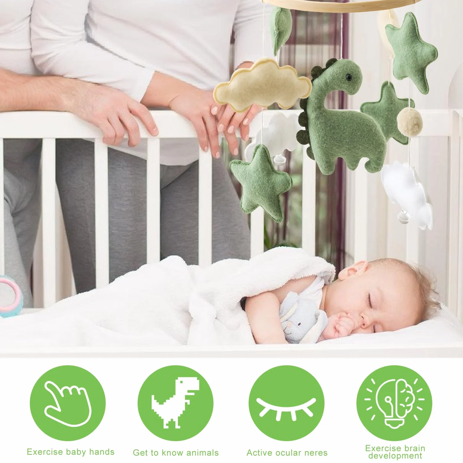 Carillon éolien bébé Dinosaure étoiles nuages Mobile bois lit bébé Jouet sensoriel Cadeau vert chambre enfant