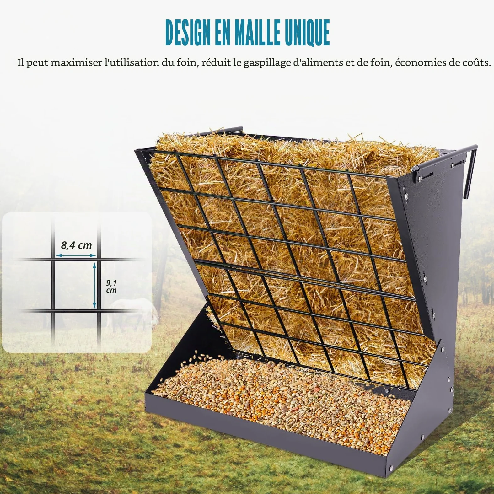 Grand râtelier à foin 2 en 1 pour moutons et chèvres - Râteau à foin suspendu - Grille de conservation et crochets ajustables