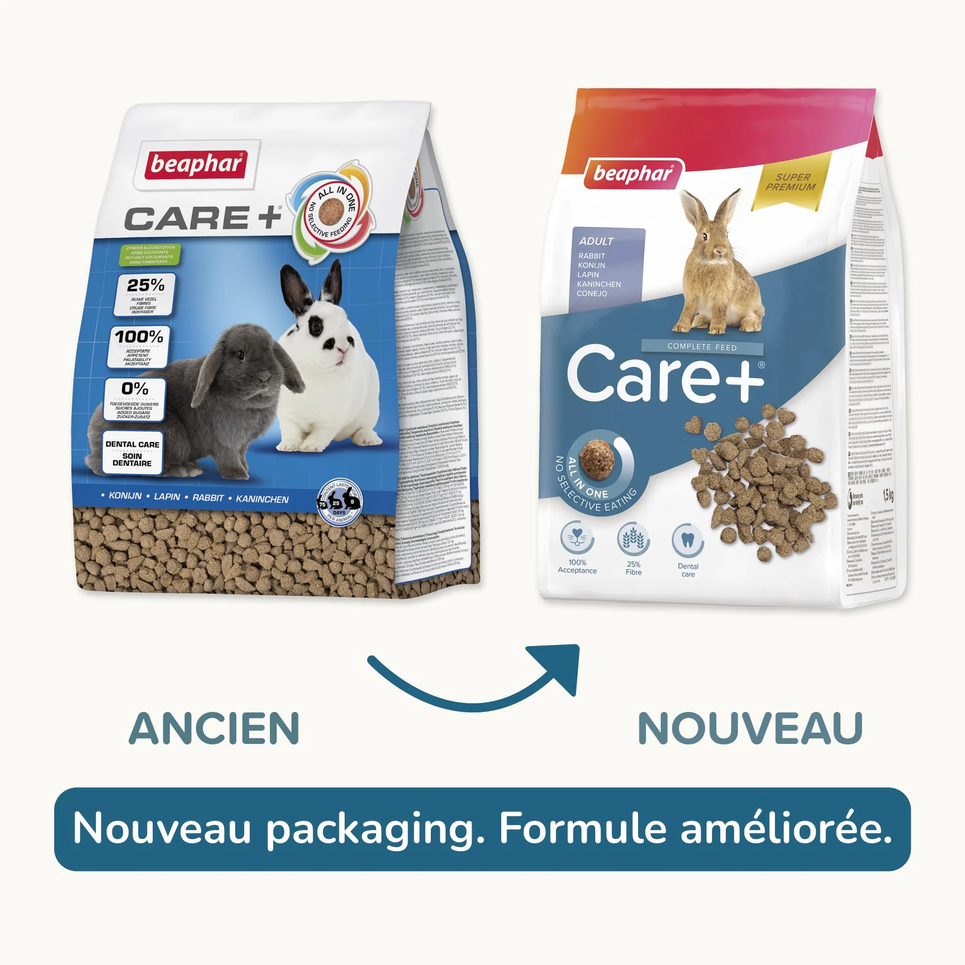 BEAPHAR Care+ Alimentation Super Premium extrudée pour Lapin 25% Fibres 1,5 kg
