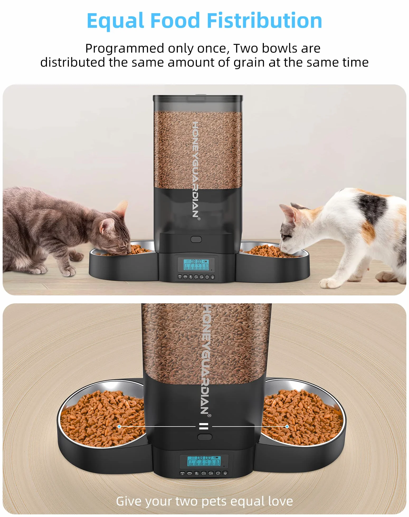 Distributeur Croquettes Automatique pour 2 Chats, 5L, Bols Acier Inoxydable, Enregistrement Vocal 10s, 1-6 Repas/Jour