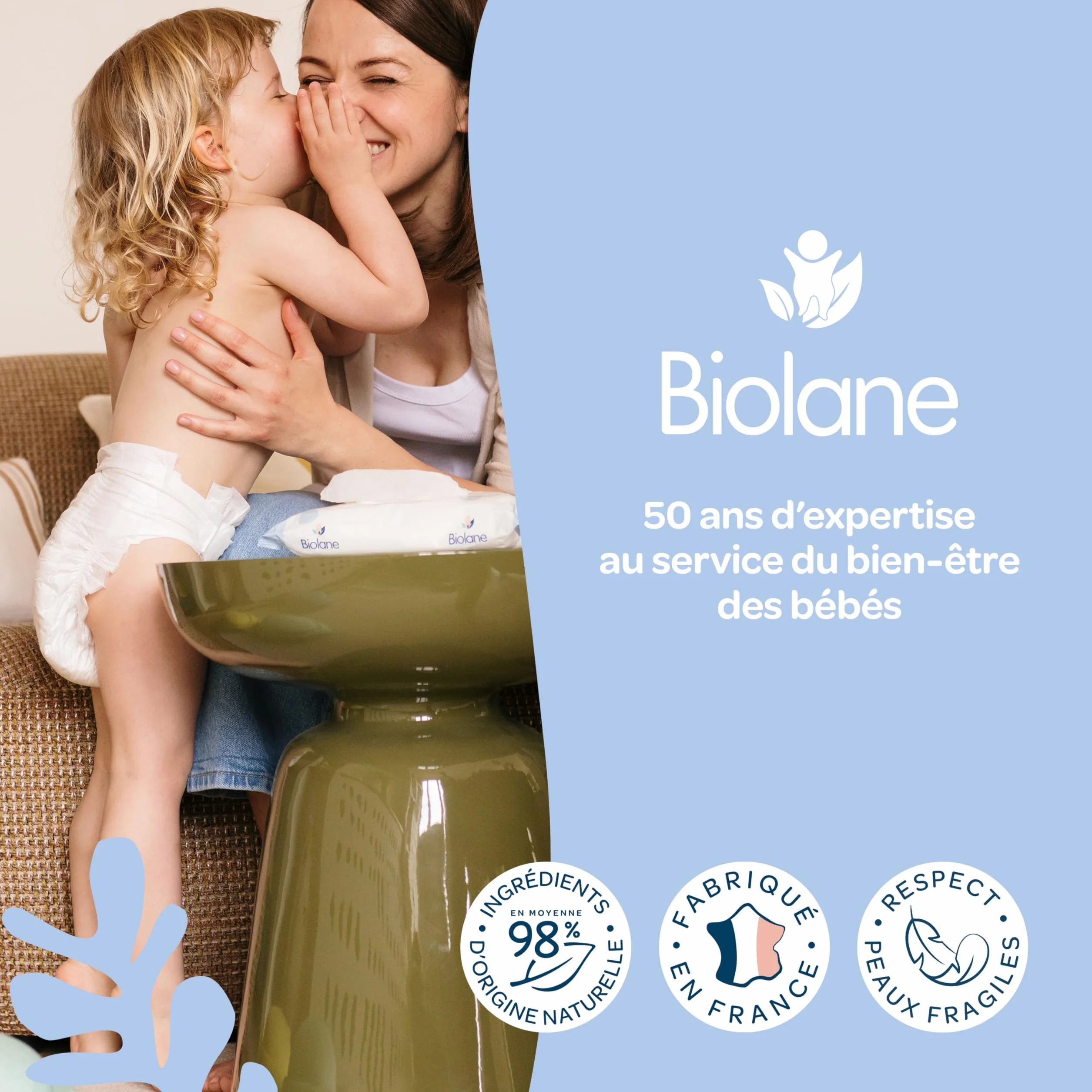 BIOLANE Lingettes bébé à l'eau 225 Lingettes Lot de 3x75 Nettoyage doux sans rinçage dès la naissance