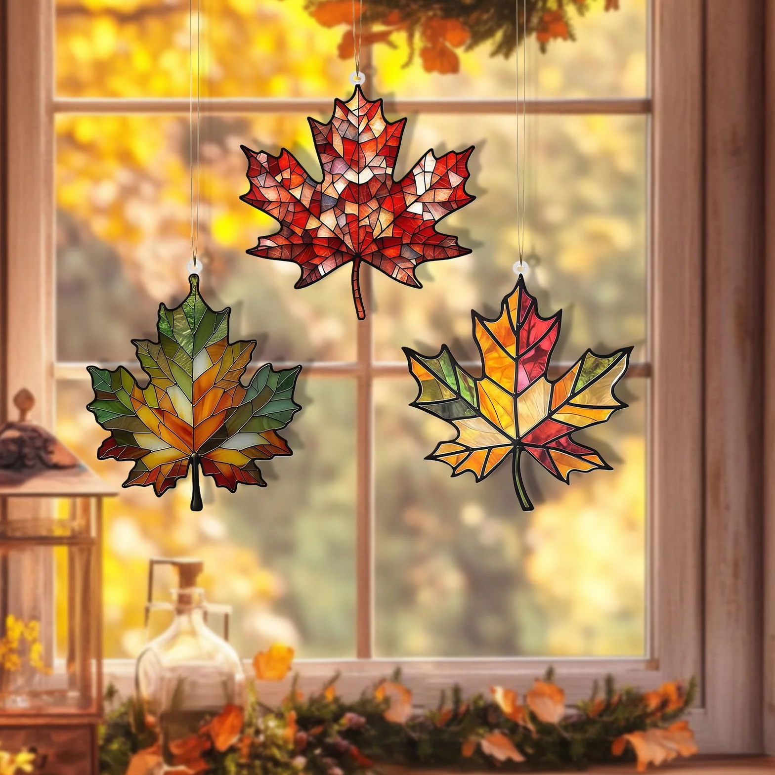 Lot de 3 feuilles d'érable en acrylique teinté - Attrape-soleil à suspendre à la fenêtre
