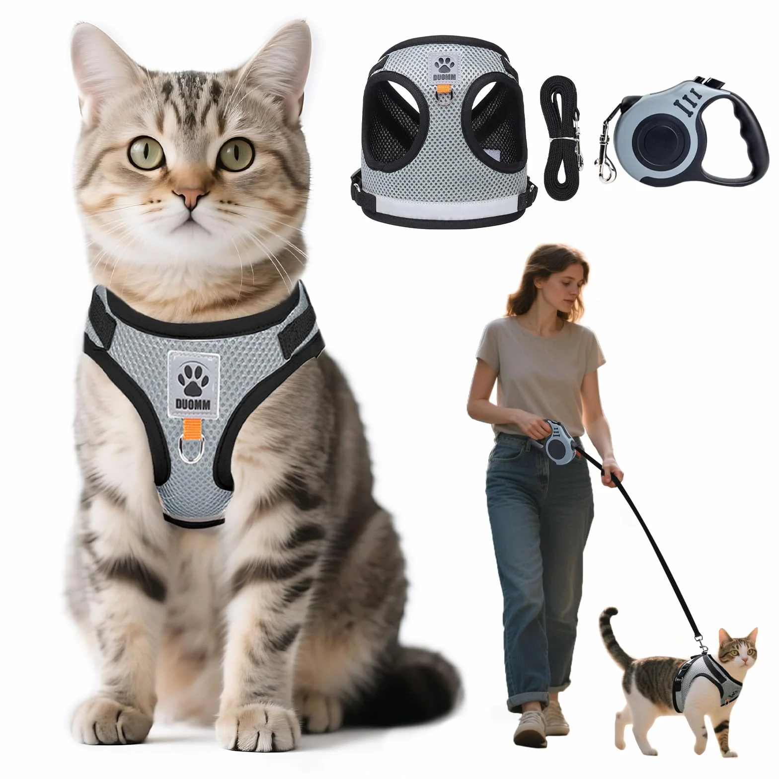 Harnais Chien Anti évasion avec Corde de Traction Télescopique Automatique 5m/16.4 Ft Réglable Anti Fugue Chat Chaton (M)