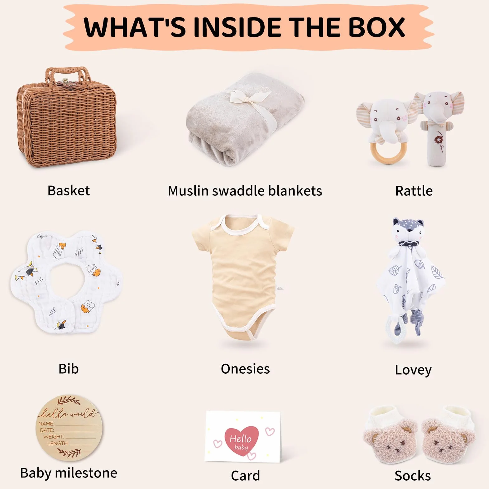 Ensemble cadeau bébé nouveau-né avec body doudou bavoir chaussettes hochet boîte souvenir cartes baby shower