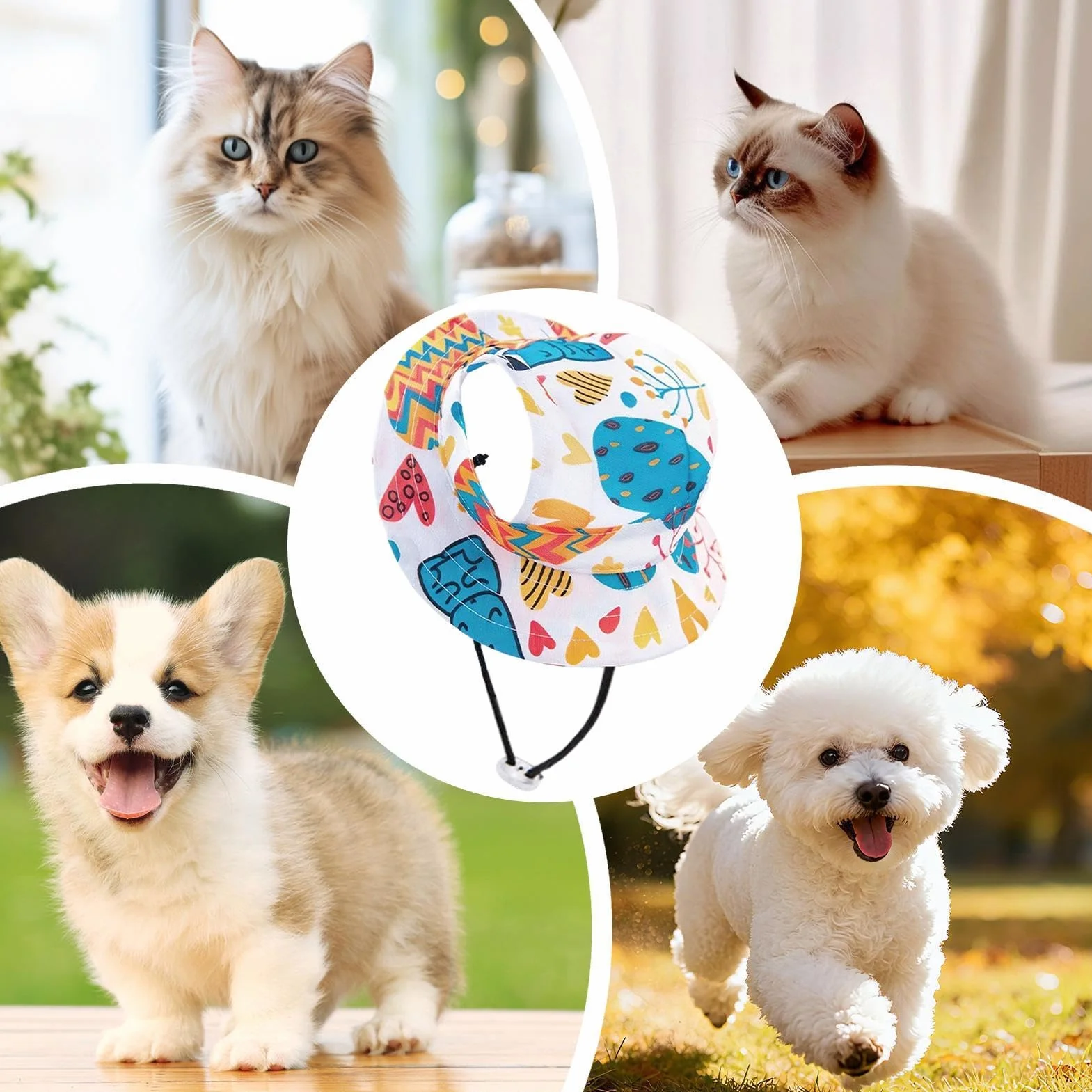 Chapeau d'Été pour Chat avec Jugulaire, Bord Rond, Trous pour Oreilles, Anti-UV