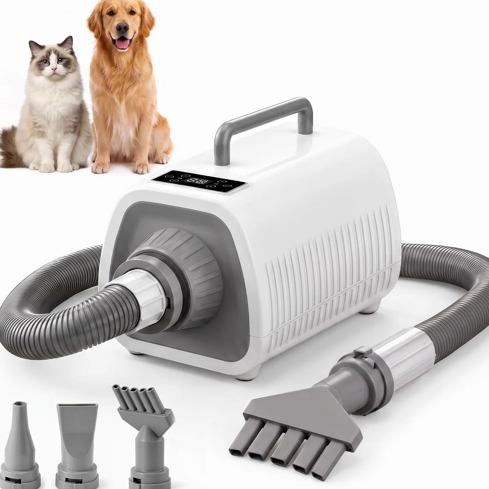 Sèche-cheveux pour chien avec écran tactile LED | Vitesse du vent et températures réglables, 3 buses différentes