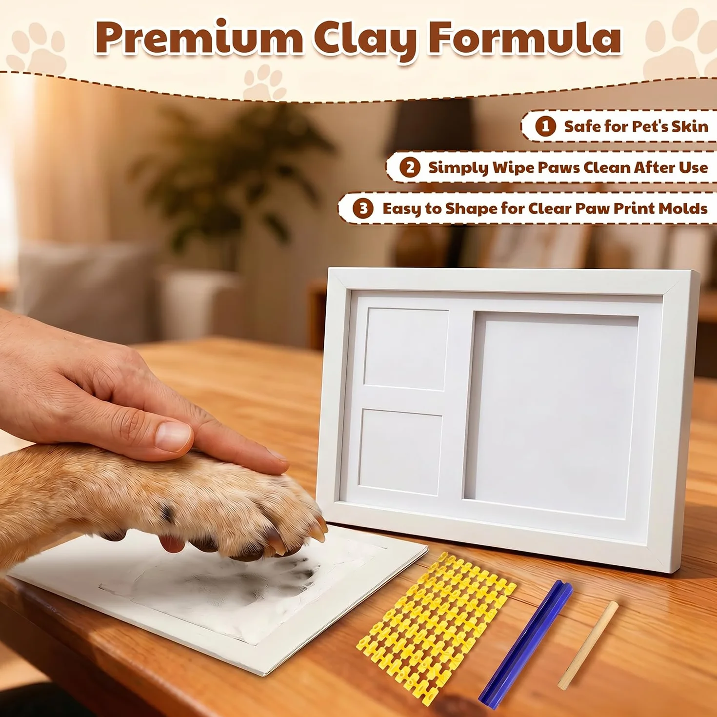 Kit Empreinte Chien Chat, Cadre Souvenir avec Empreinte en Argile, Kit d'Empreinte Bébé Main et Pied, Blanc