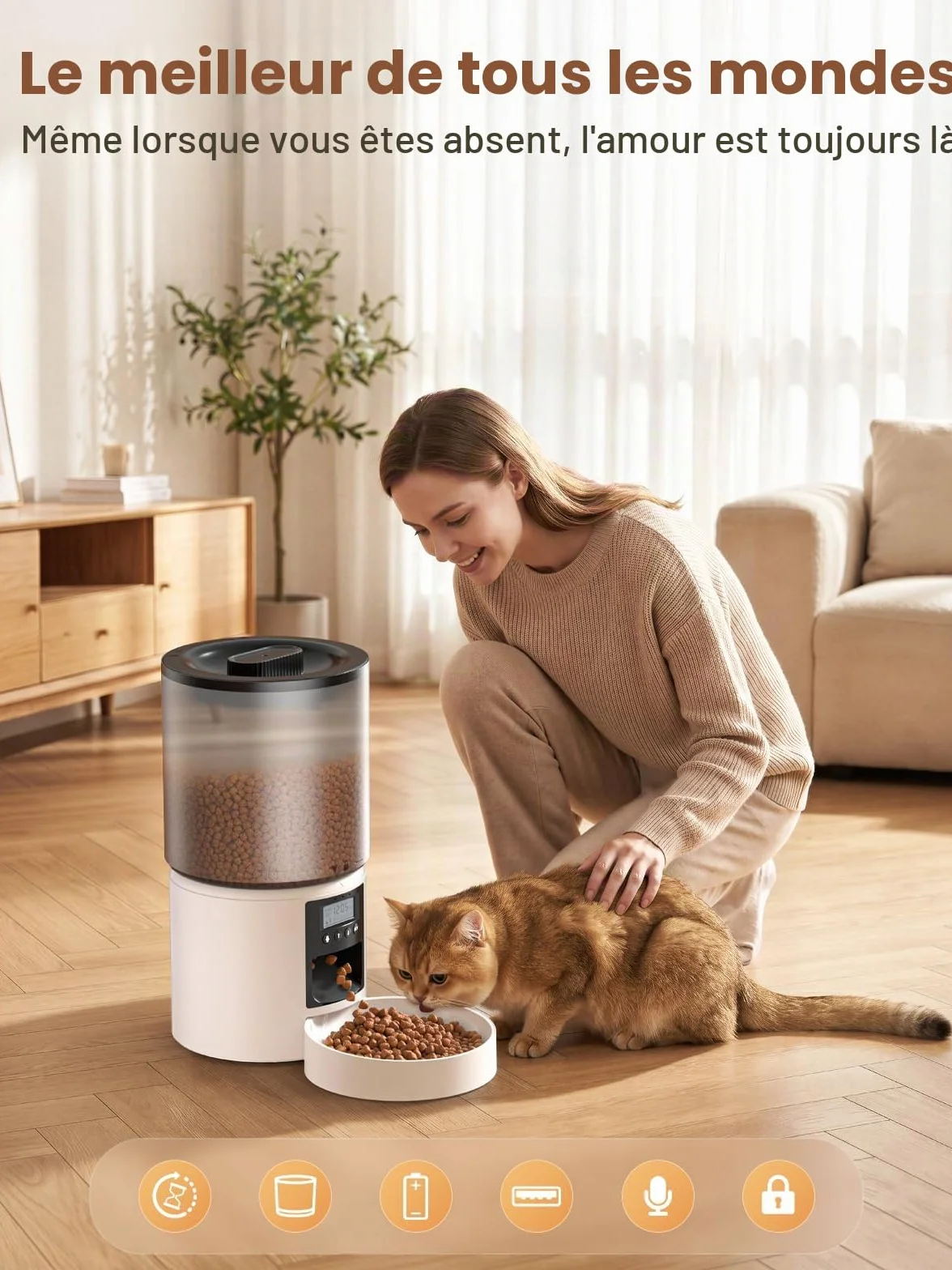 Distributeur Croquettes Chat Automatique 4L Programmable 6 Repas Fonction Vocale 10s Réservoir Hermétique