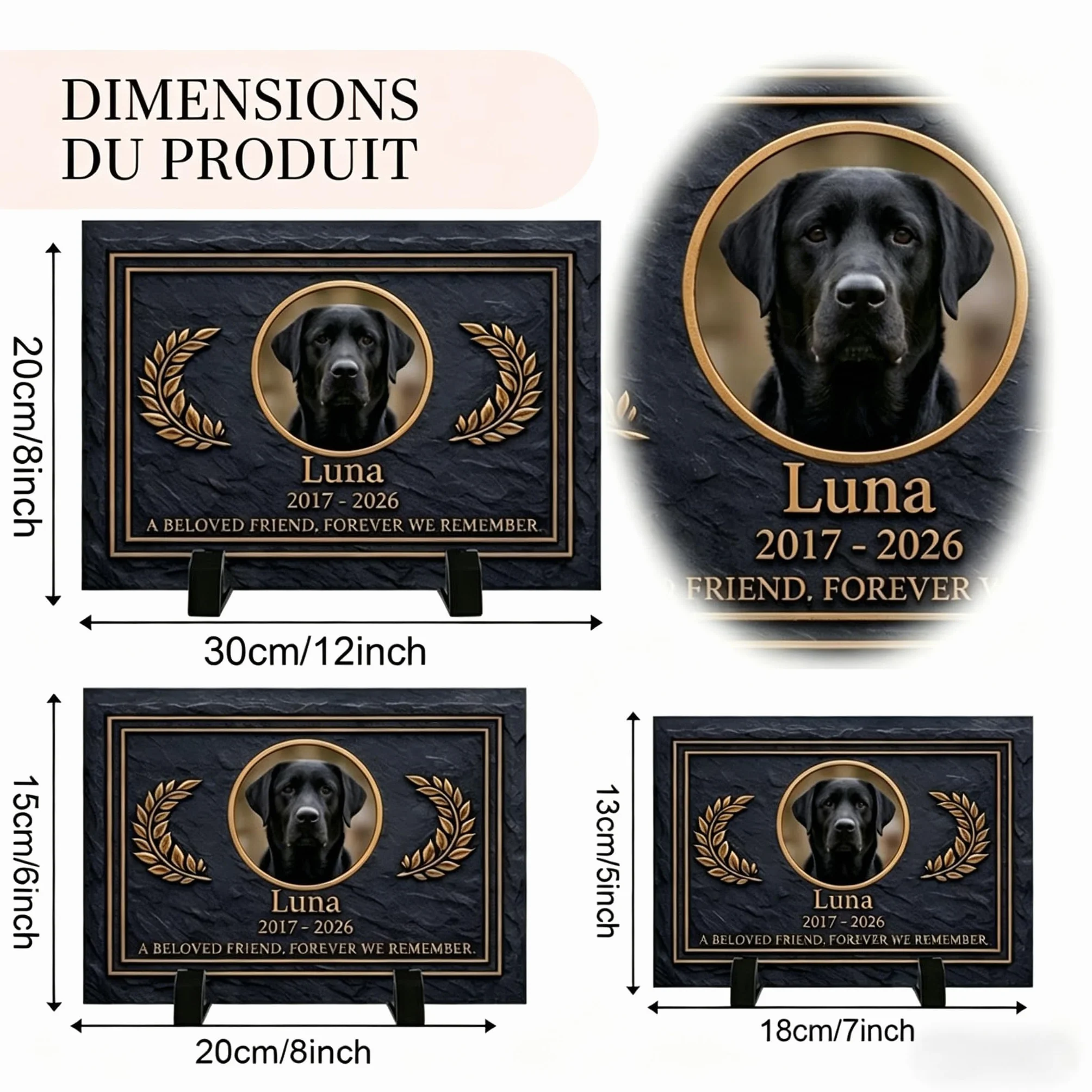 Plaque Commémorative Carrée Pierre Tombale Personnalisée pour Animal de Compagnie avec Photo et Nom - Cadeau Mémoire Chien