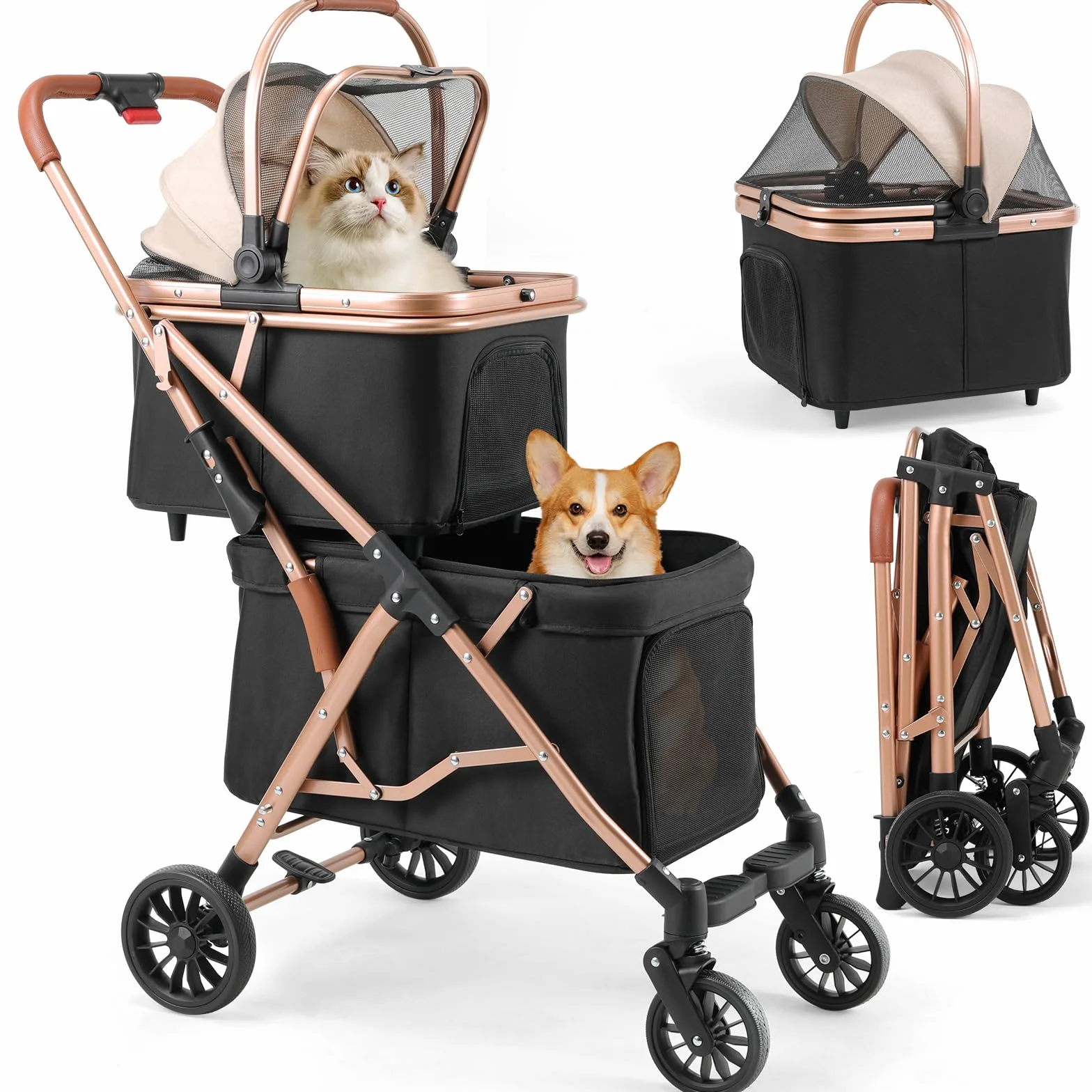 MAMIZO Poussette Double pour Chien, Pliable Poussette pour 2 Animaux Jusqu'à 15 kg, Transporteur pour Chats avec Coussins et Porte-gobelet, sac de Transport pour Cage pour Chien, 4 PCS Roues, Noir