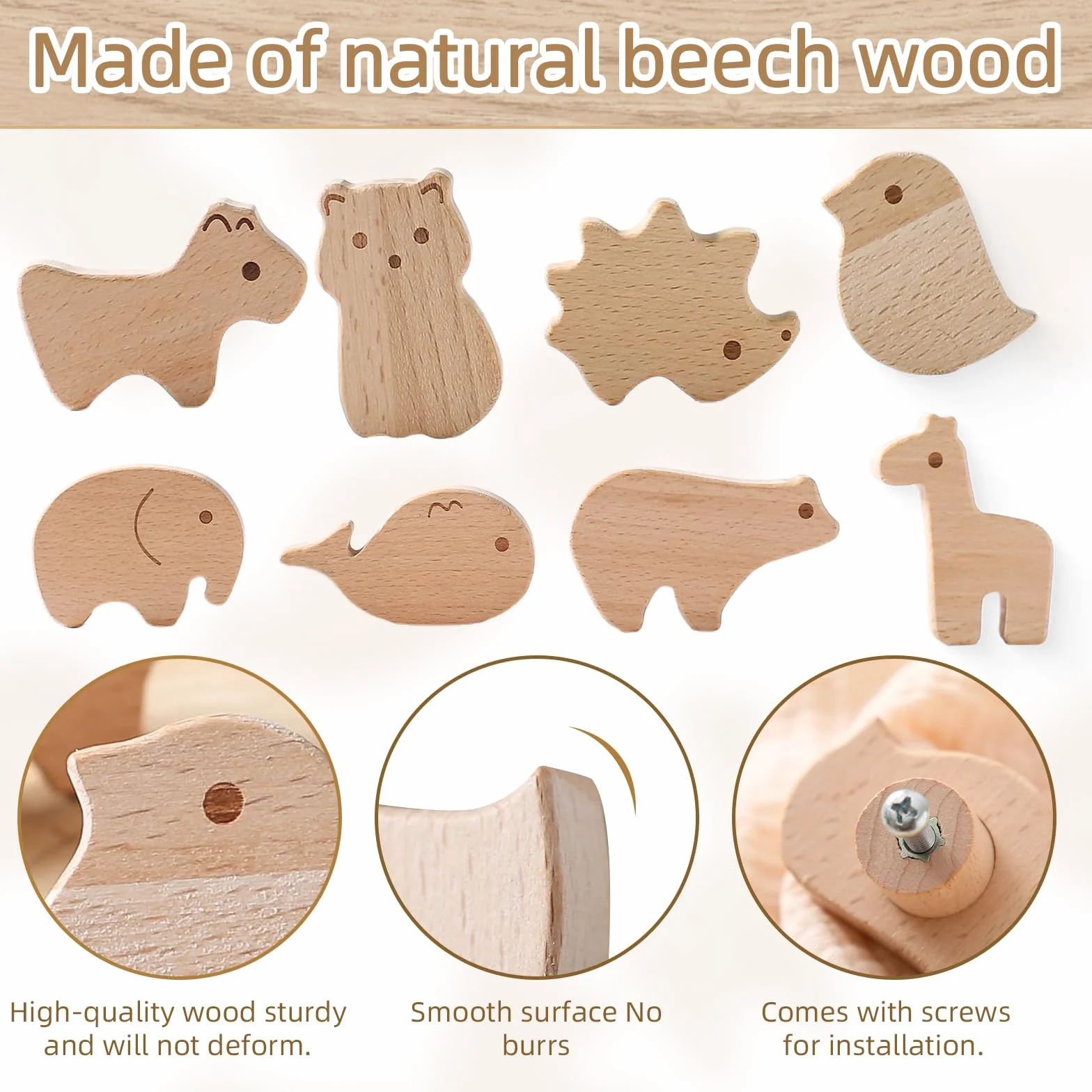 OESSUF Lot de 12 boutons d'armoire en bois pour enfant, Poignée de meuble en forme d'animal