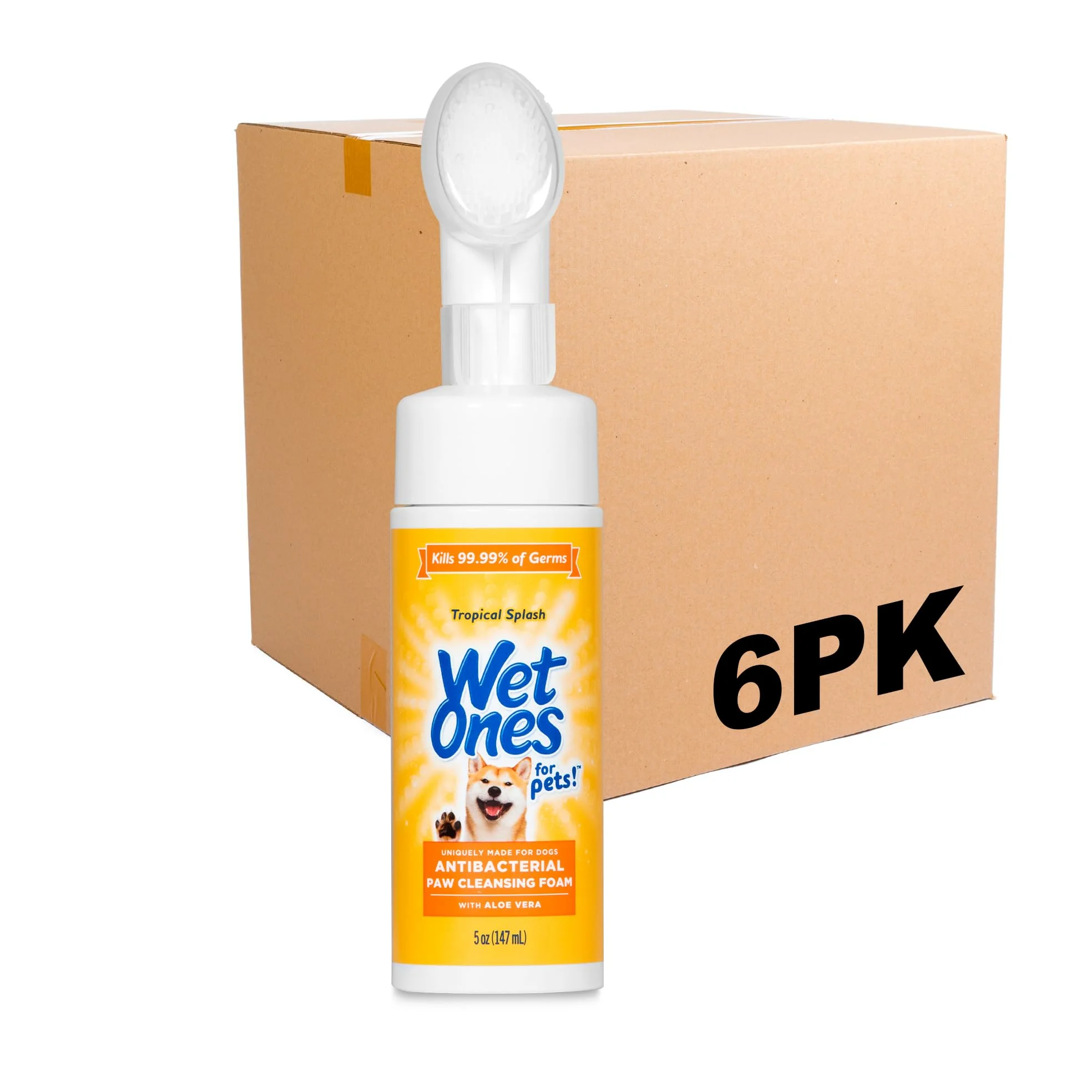 Wet Ones for Pets Lot de 6 nettoyeurs antibactériens pour pattes de chien avec brosse à récurer intégrée, parfum éclaboussures tropicales, nettoyant moussant pour pattes de chien, nettoyeur de pattes