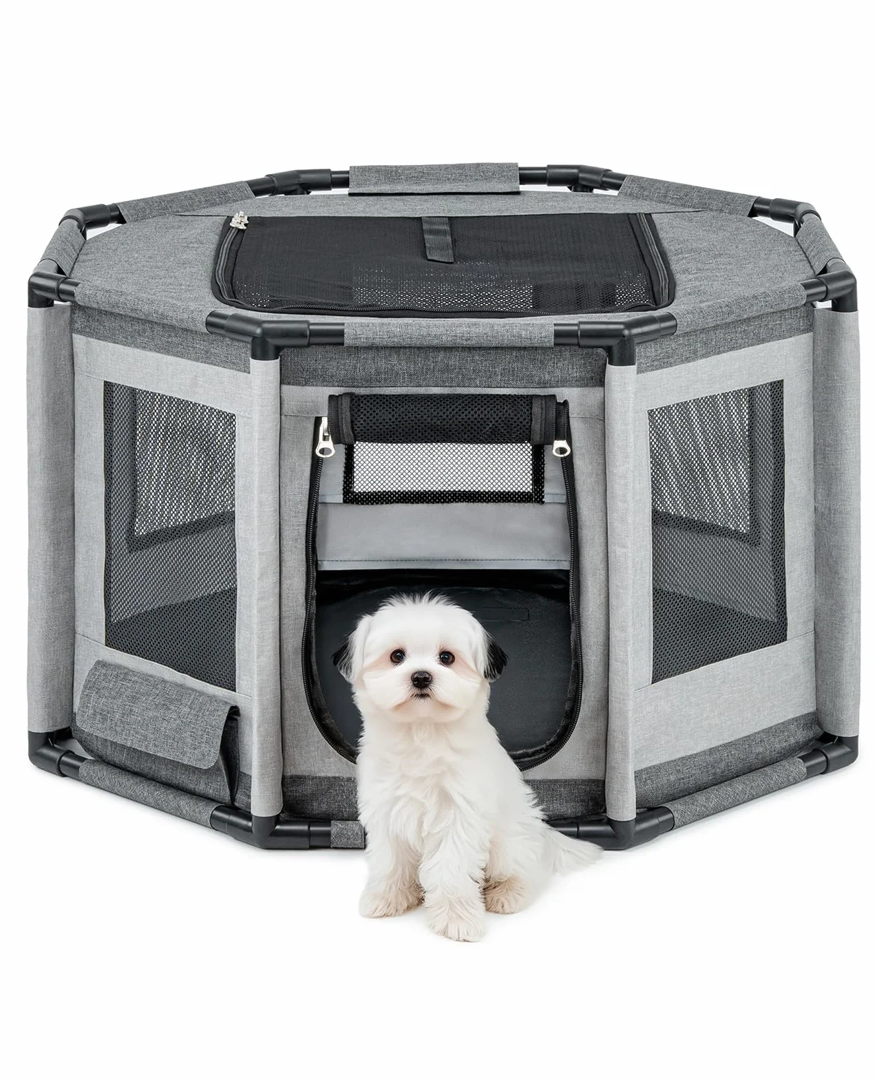 Lionto Enclos pour Chien en Tissu Oxford, Filet Respirant, Parc pour Chiens et Chats, Cage Octogonale 72x72x43 cm Gris